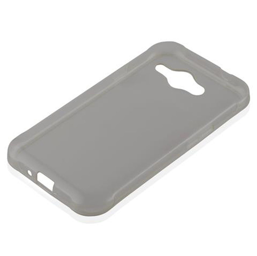 Custodia grigia traslucida per telefono con ritagli per fotocamera e porte.