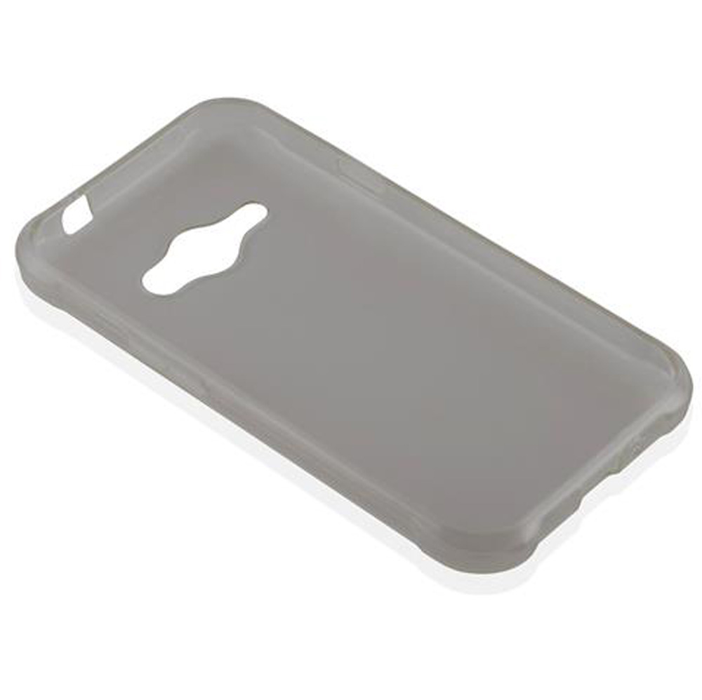 Una custodia per telefono grigio traslucido con ritagli per fotocamera e pulsanti su sfondo bianco.