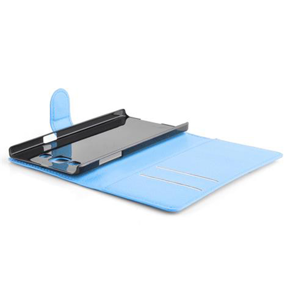 Custodia a portafoglio azzurra con porta telefono nero e slot per carte.