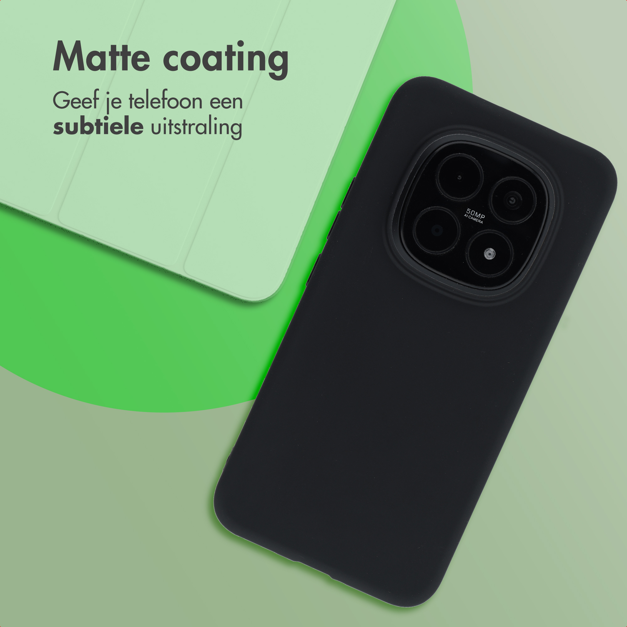 Black phone case with camera array on a light green background.