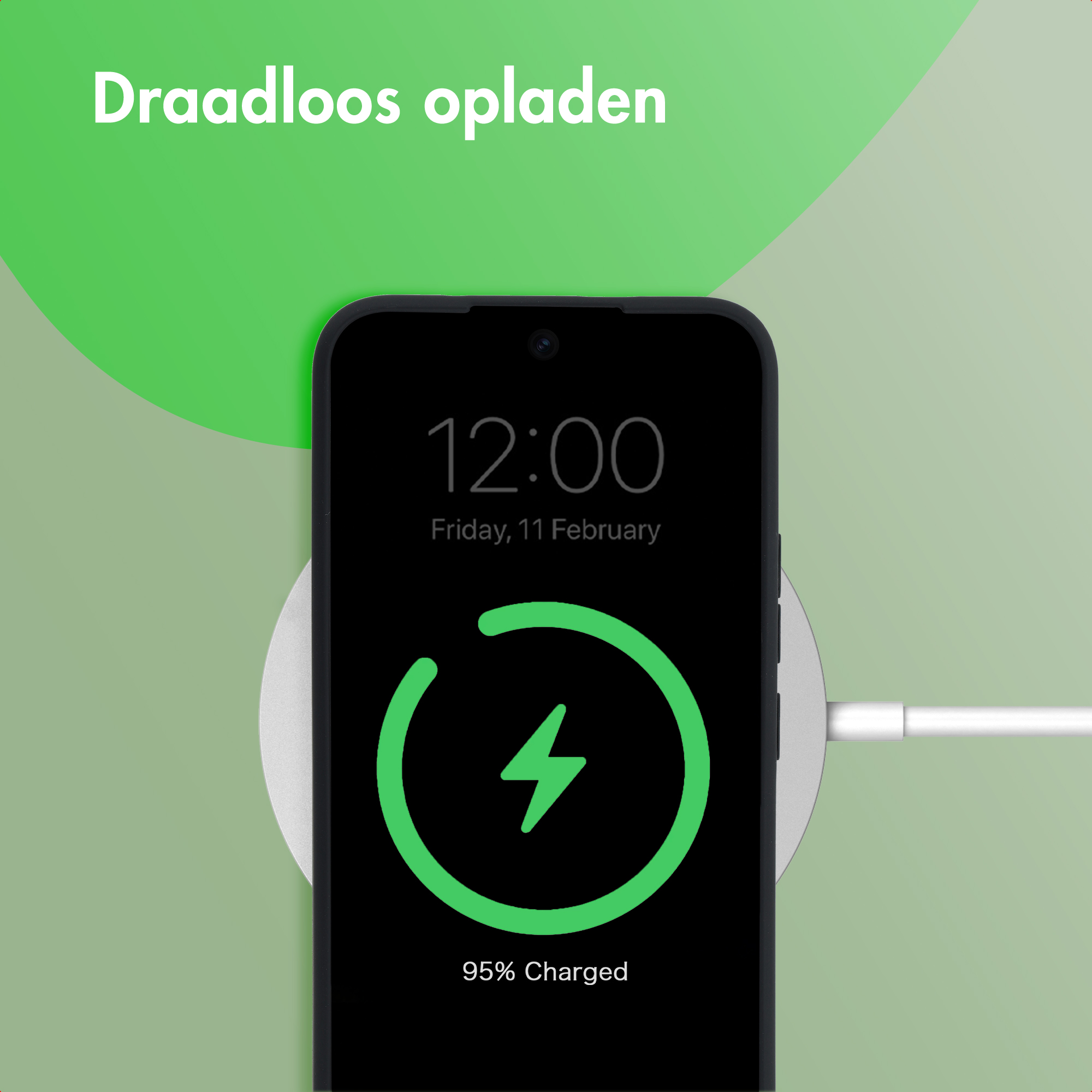 A smartphone is wirelessly charging on a charging pad, at 95%.