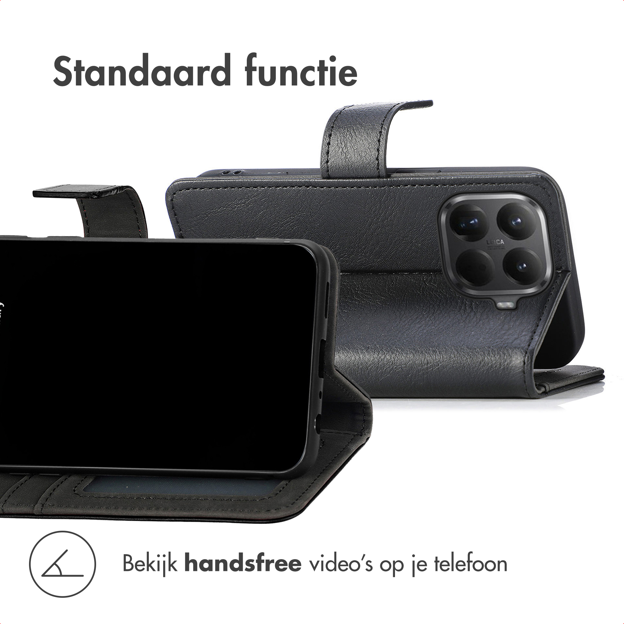 Zwarte lederen telefoonhoes getoond in standfunctie voor handsfree bekijken.