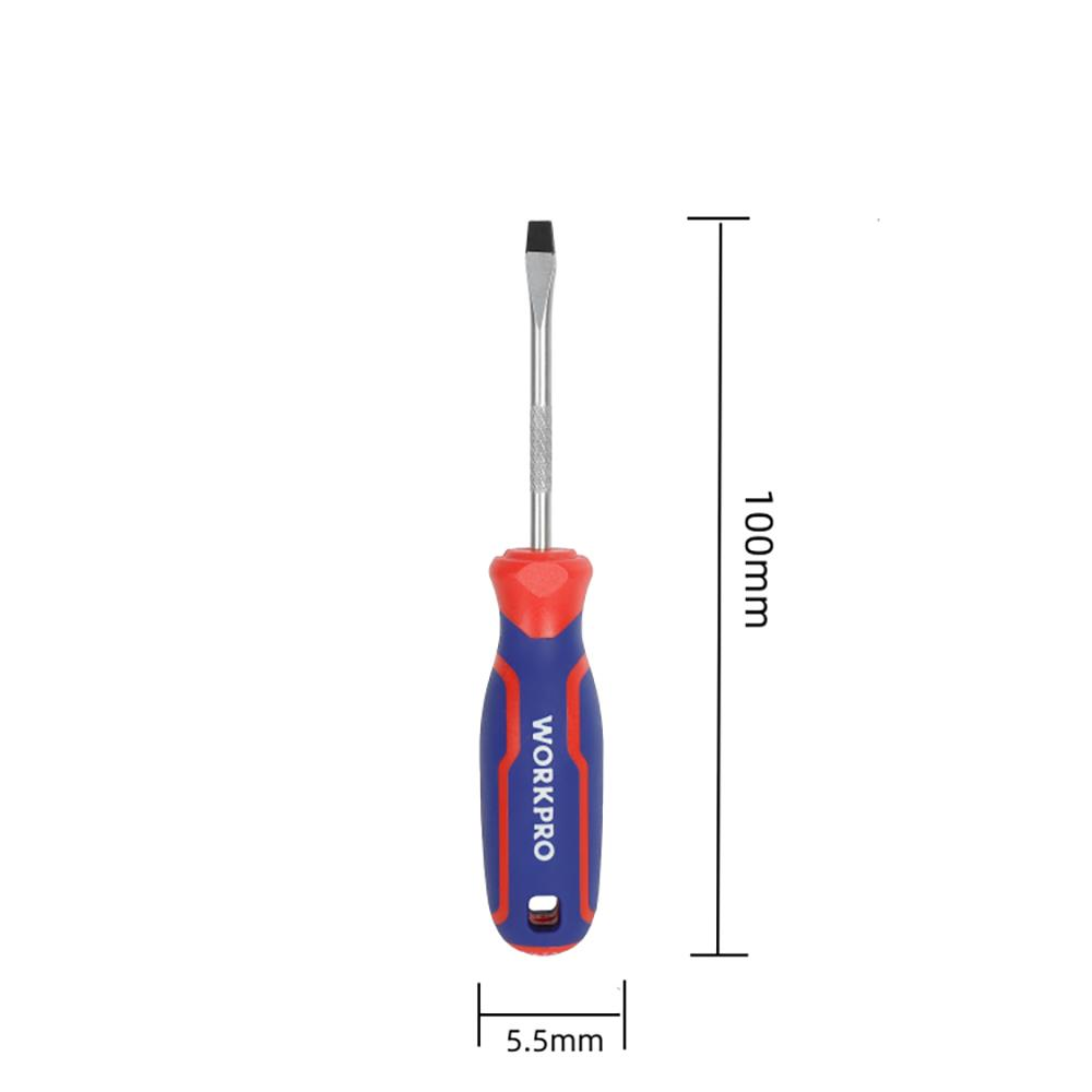 WORKPRO etiketli mavi ve kırmızı saplı düz uçlu tornavida.