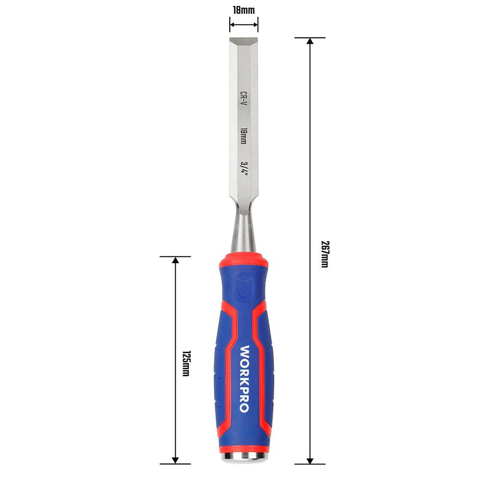Mavi-kırmızı saplı 18 mm'lik bir keski ve boyutları.
