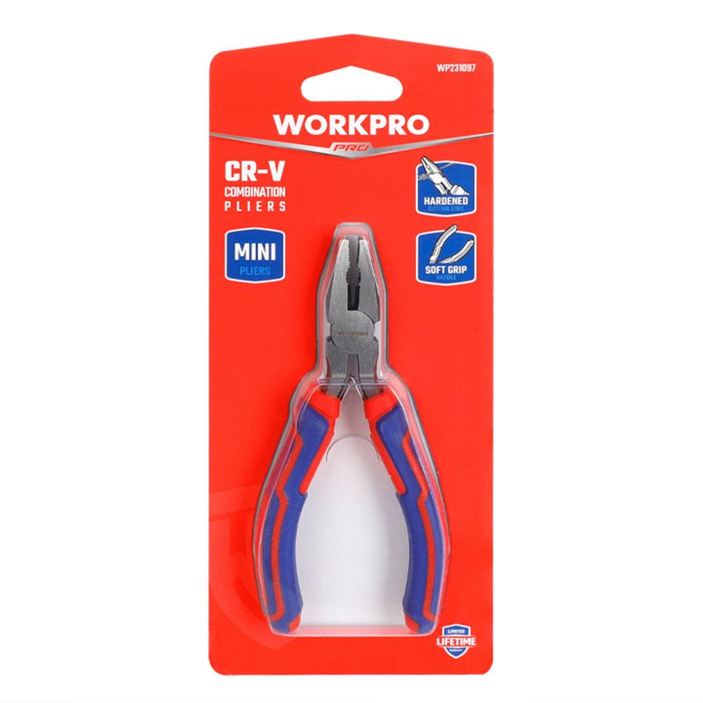 Mavi ve kırmızı saplı paketlenmiş Workpro mini kargaburun pense.