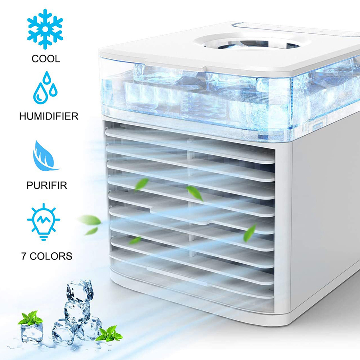 Ein weißer tragbarer Klimaanlagen-Luftkühler mit Eiswürfeln und Blättern.