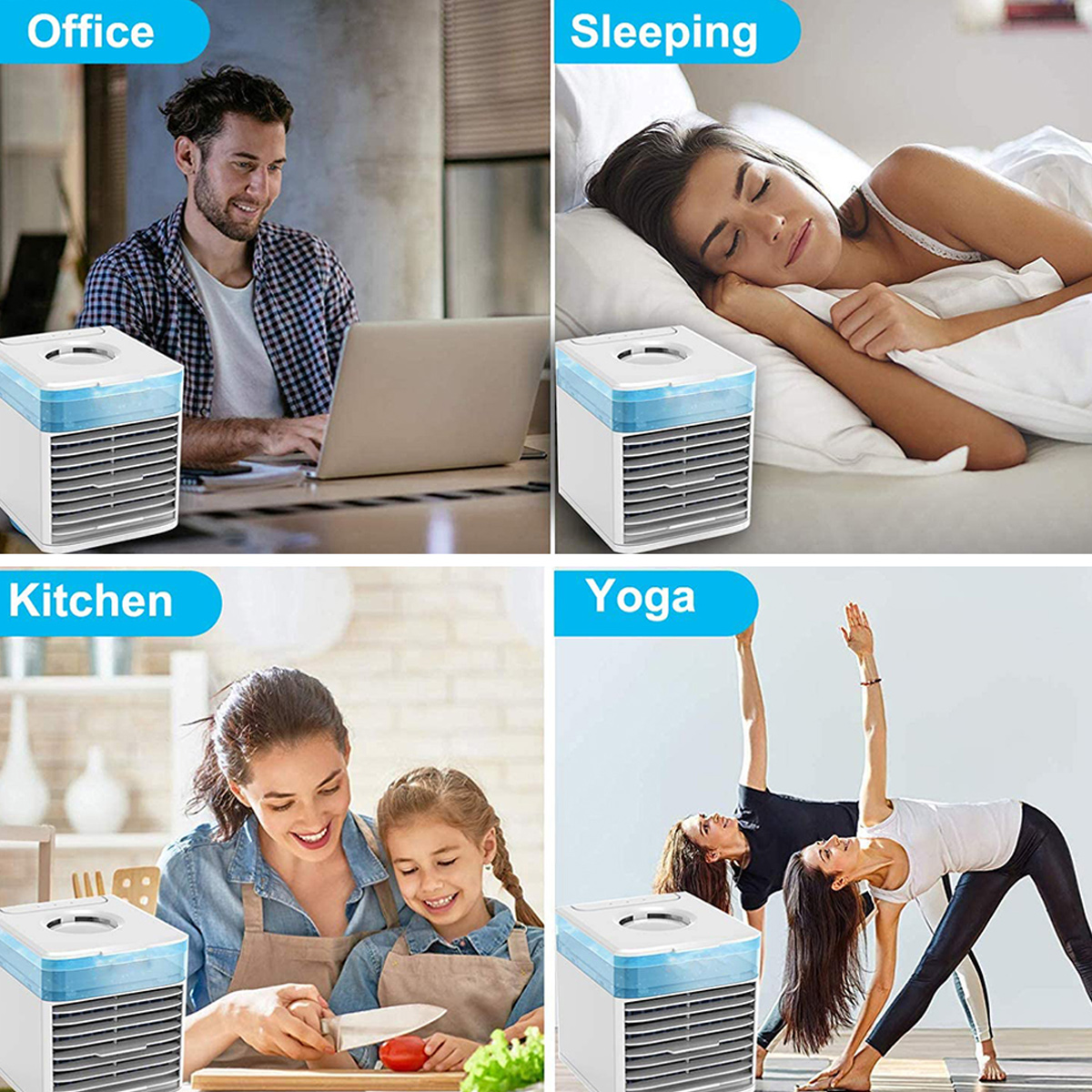 Ein Mann im Büro, eine Frau schlafend, eine Mutter mit Kind in der Küche, zwei Frauen beim Yoga.