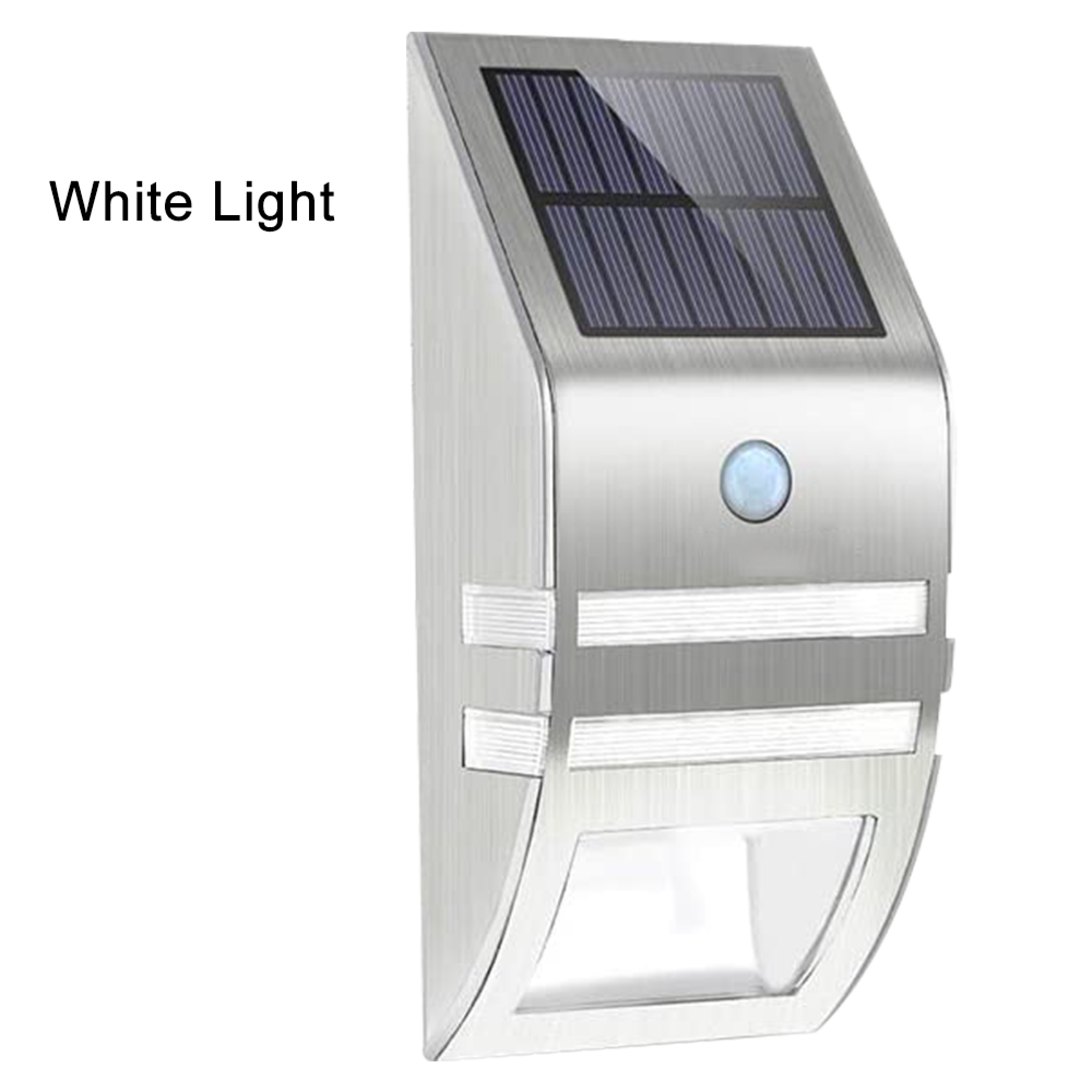 Silberne Solarleuchte mit Bewegungssensor und weißem Licht.