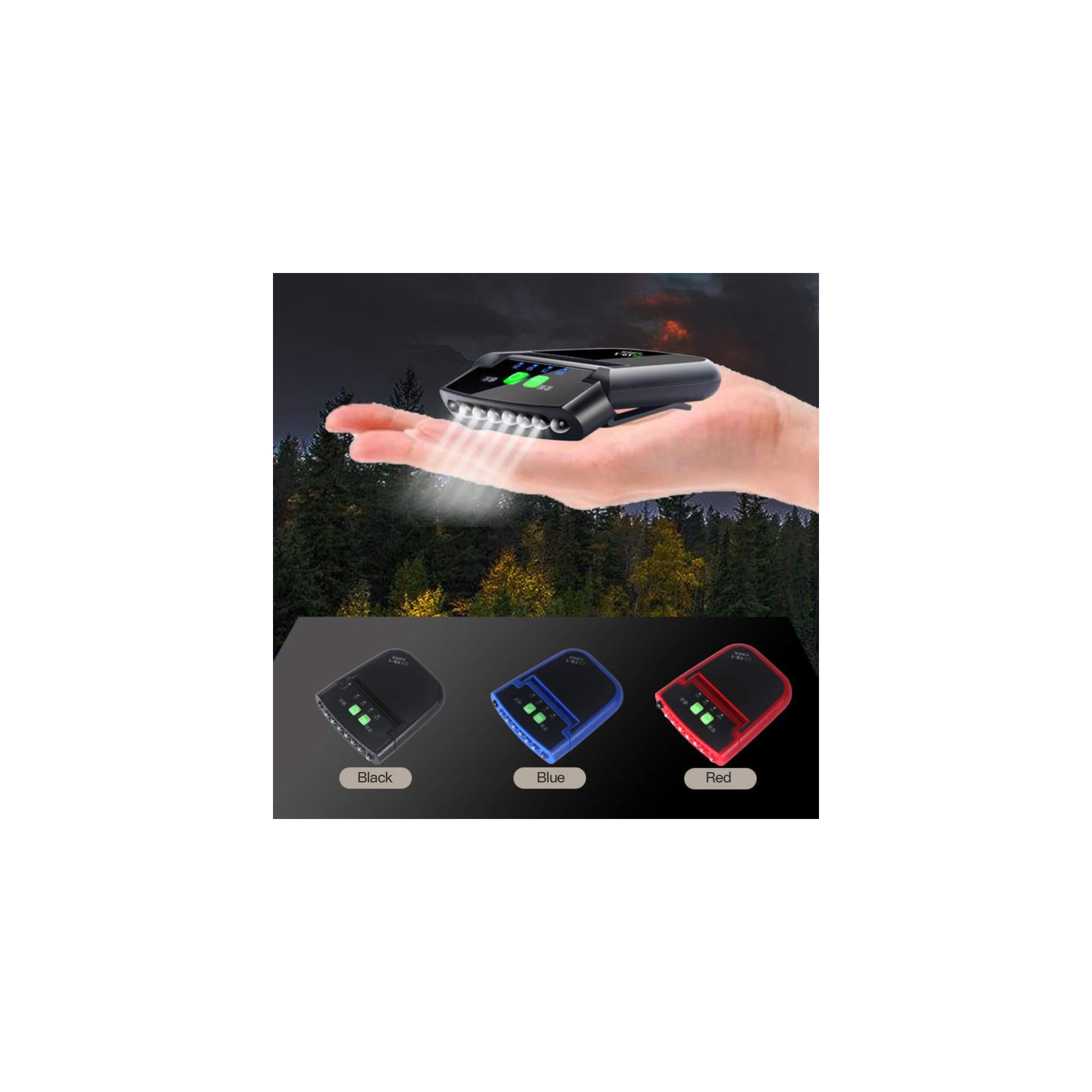 Kopflampe mit 7 LEDs auf einer Hand, drei weitere Farben darunter.