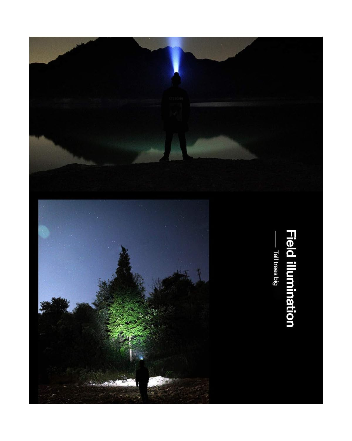 Person mit Stirnlampe bei Nacht, beleuchtet Berge und Wald.