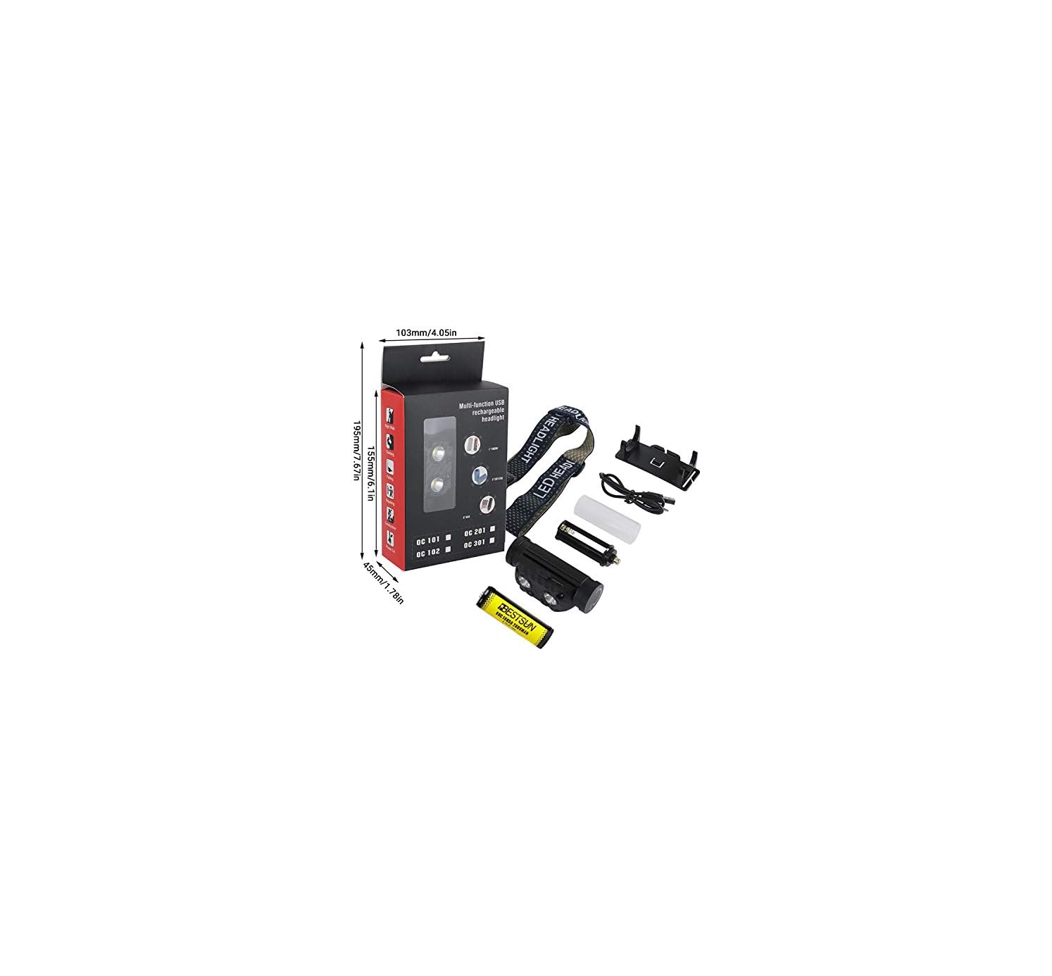 Ein LED-Stirnlampen-Kit mit USB-Aufladung in einer Verpackung, Zubehör daneben.