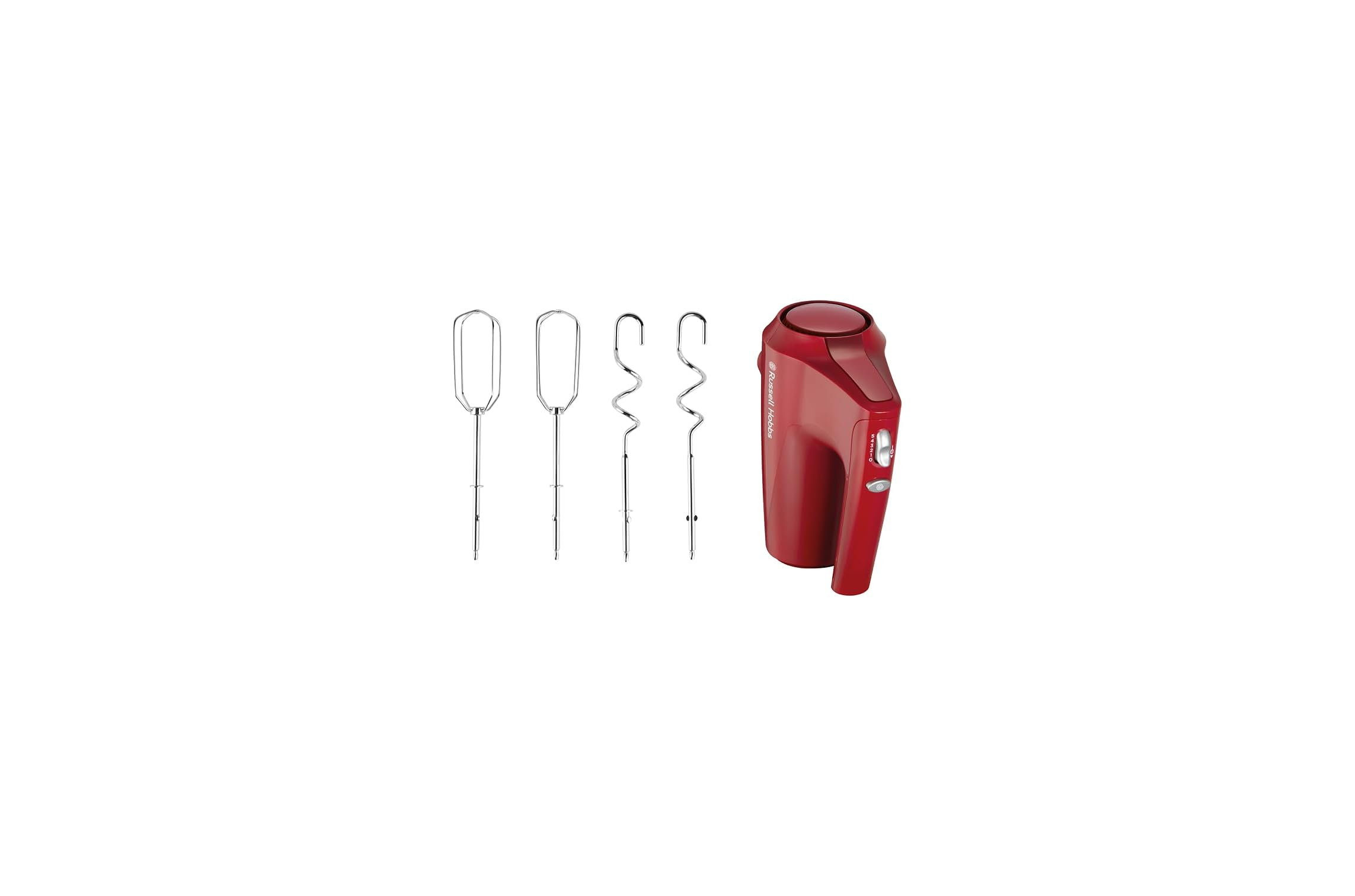 Ein roter Handmixer mit Zubehör auf weißem Hintergrund.
