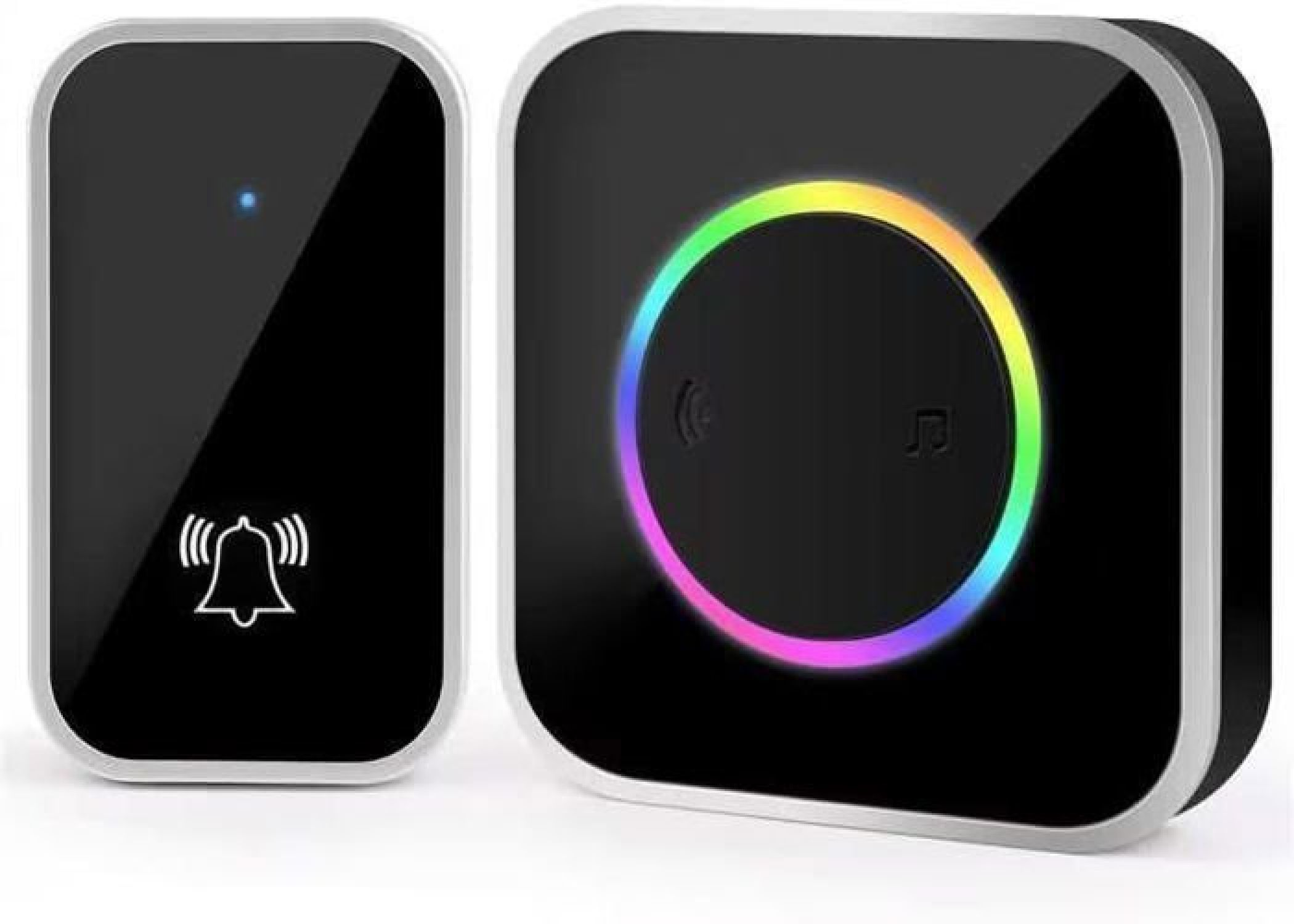 Schwarzer Türklingelsender mit Klingelsymbol und Empfänger mit Regenbogen-Lichtring.