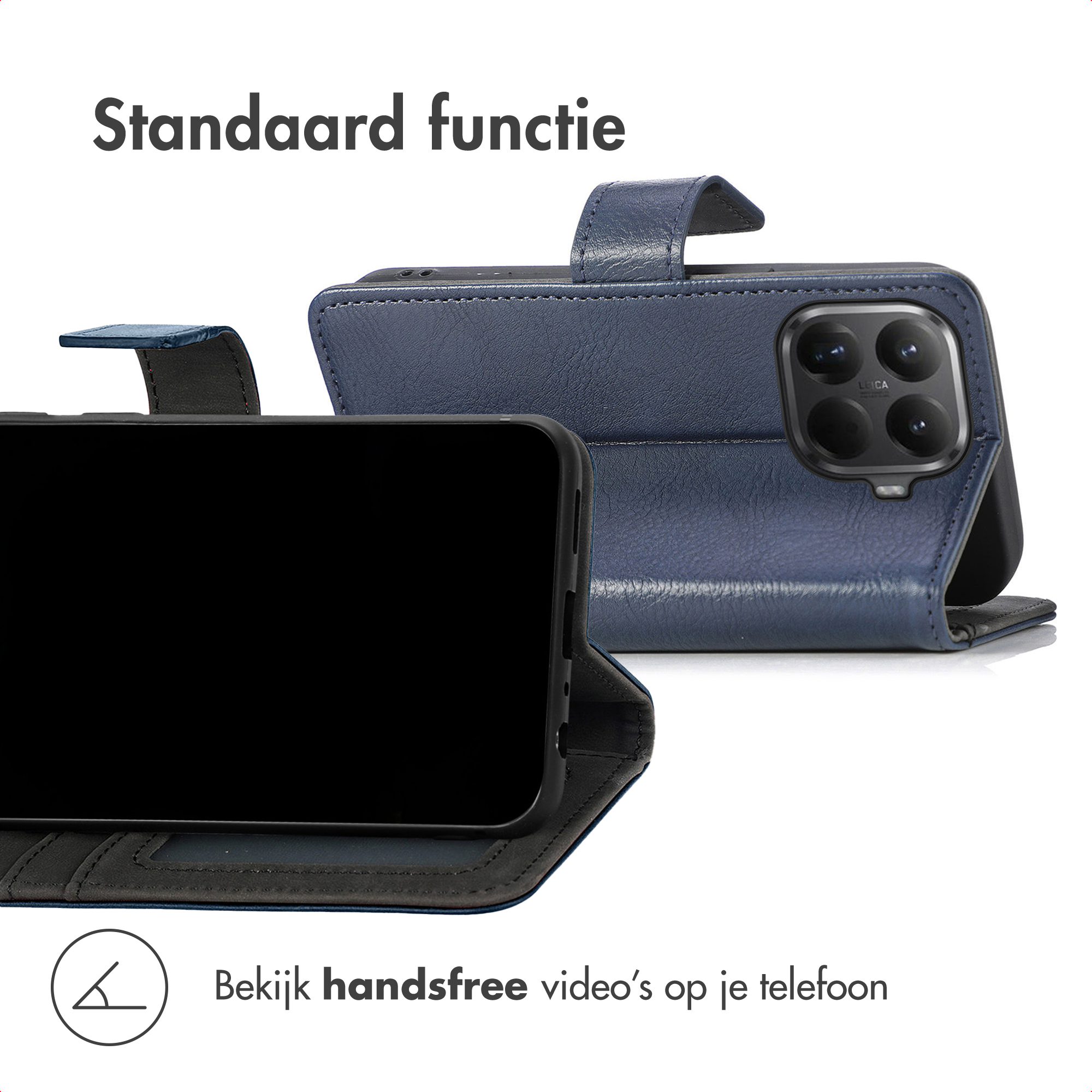 Een blauwe lederen flipcase voor een smartphone, in standaardpositie.