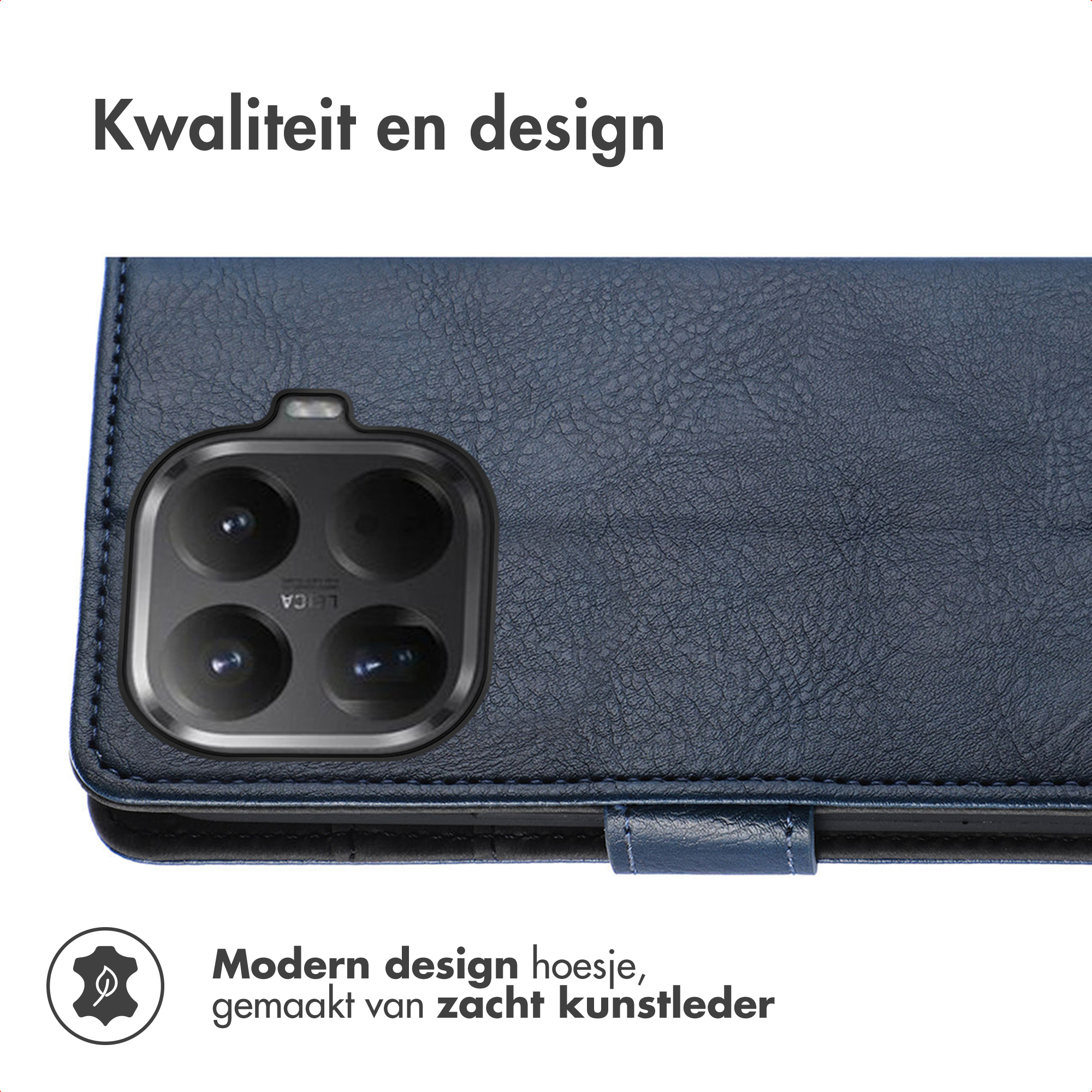 Donkerblauwe telefoonhoes van kunstleer met vier camera's. Tekst: Kwaliteit en design.