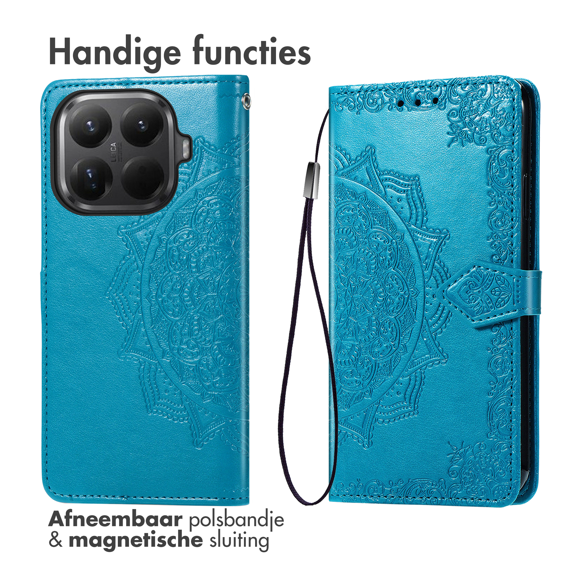 Coque de téléphone bleue avec mandala en relief, dragonne amovible et fermeture magnétique.