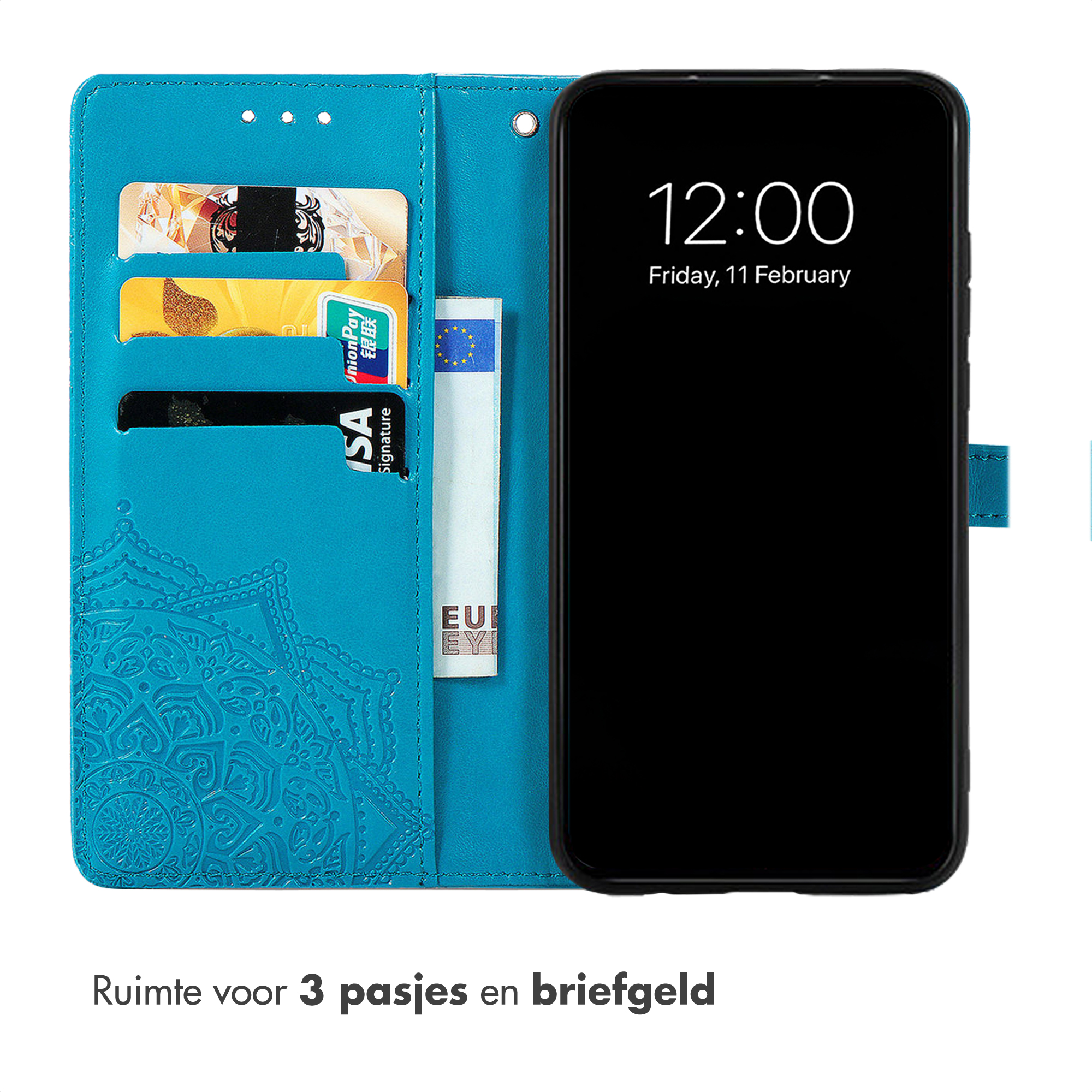 Un étui de téléphone bleu avec des fentes pour cartes et une horloge à 12h00.