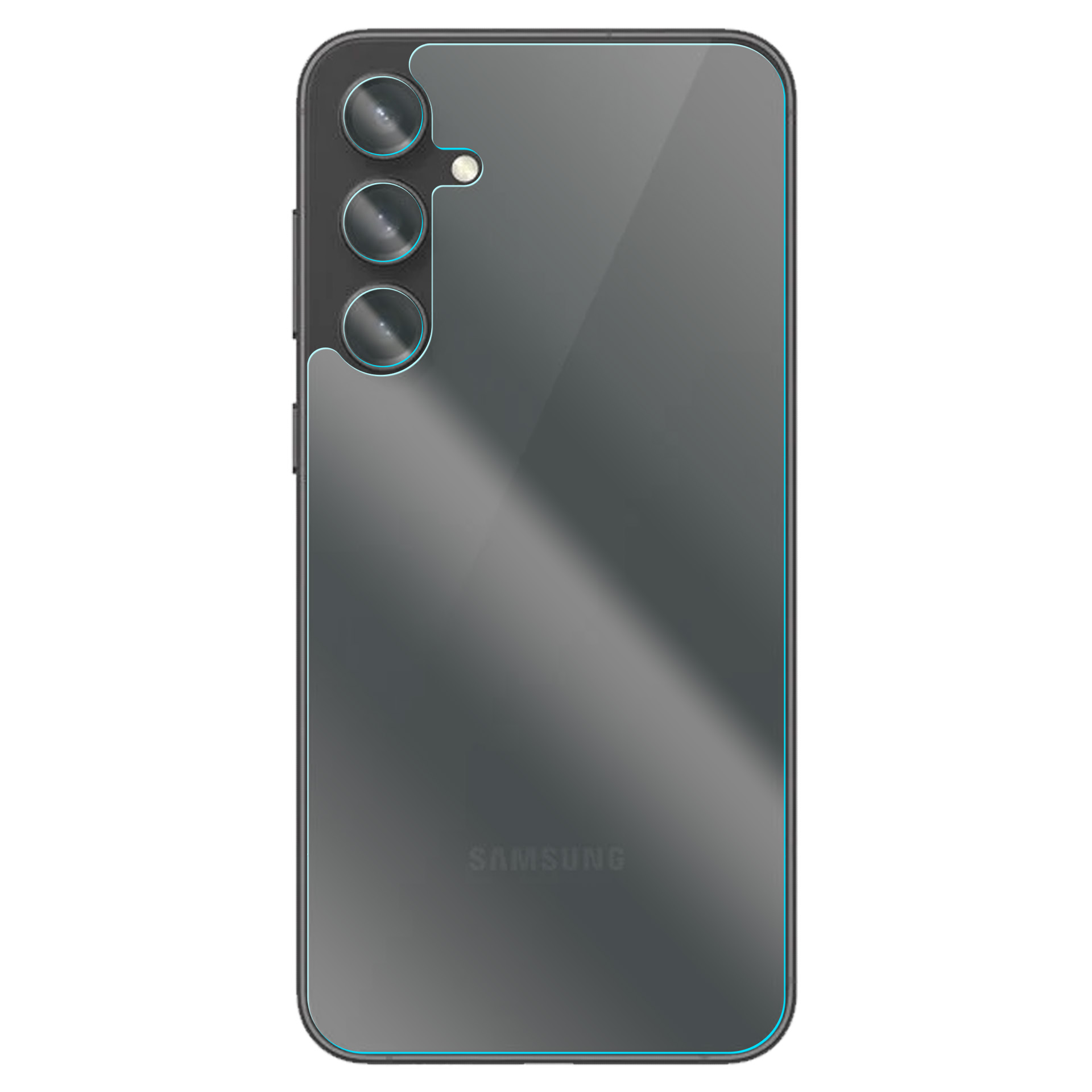 Szary smartfon z trzema aparatami i logo Samsung z tyłu.