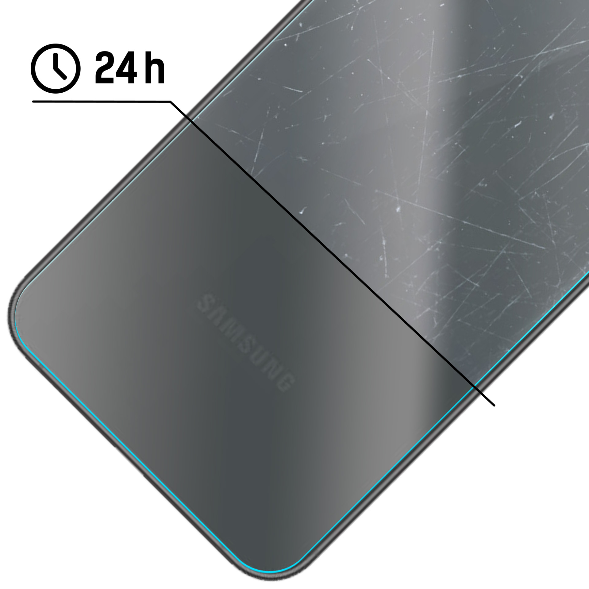 Zarysowana tylna część smartfona z logo Samsung i ikoną zegara 24h.