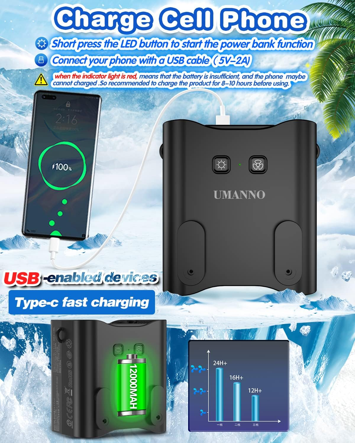 Telefon wird mit Powerbank geladen. Zeigt 100% Ladung und 12000mAh Kapazität.