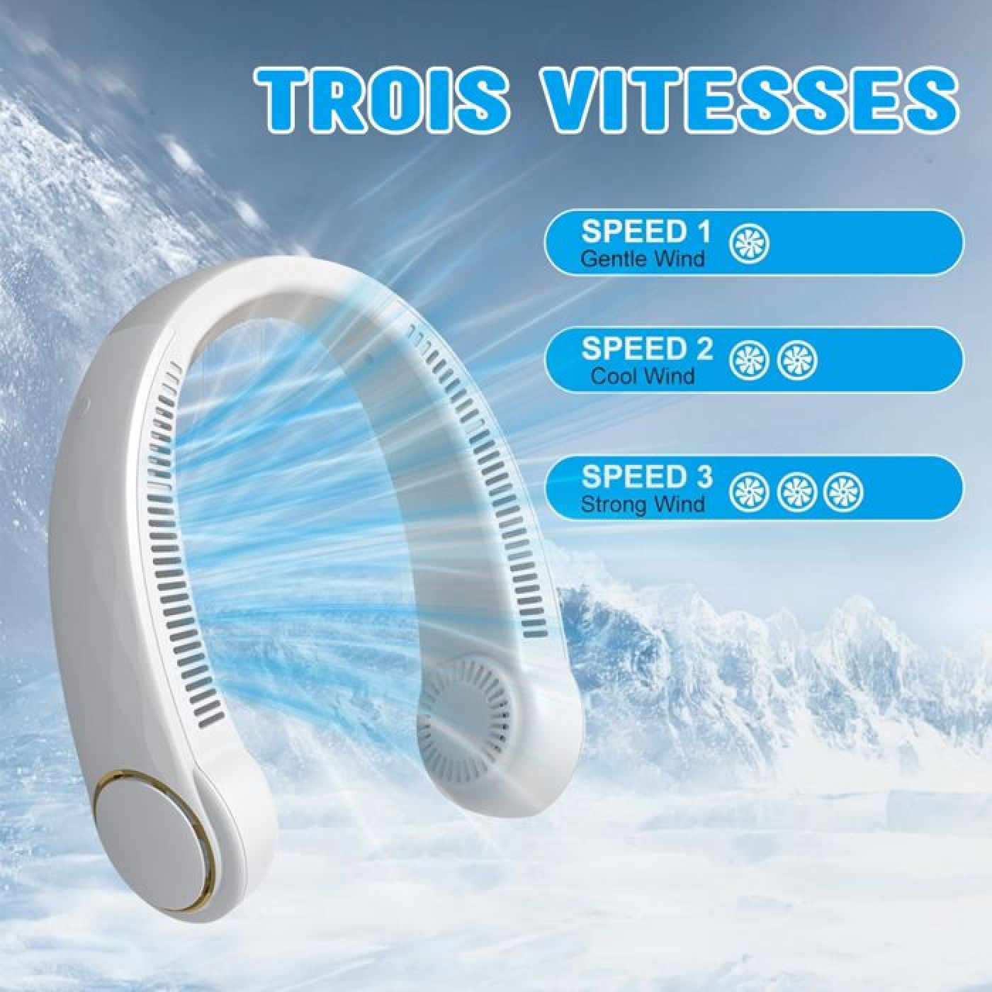 Ein weißer Nackenventilator mit drei Geschwindigkeiten vor einer verschneiten Berglandschaft.