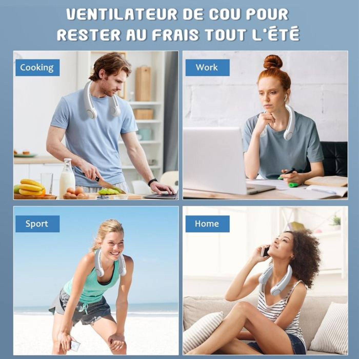 Vier Bilder zeigen Menschen mit Nackenfans: beim Kochen, Arbeiten, Sport und Entspannen.