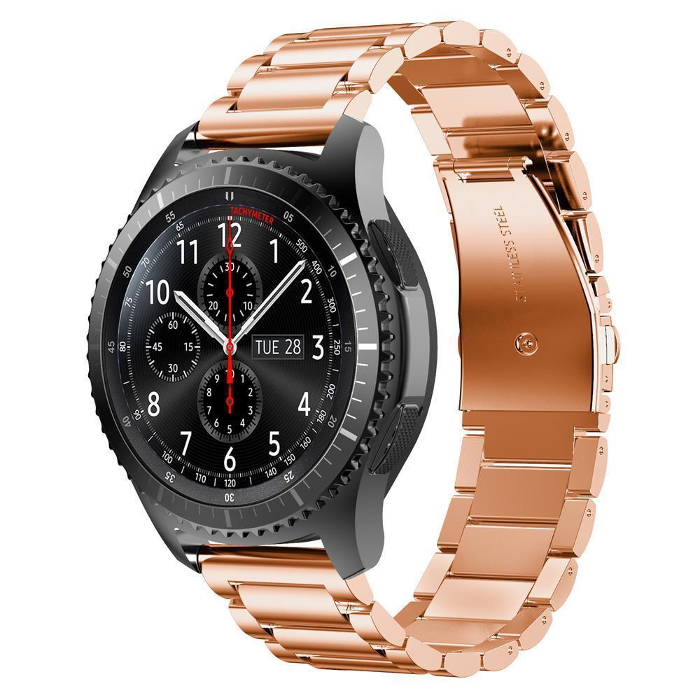 Roségoldene Smartwatch mit schwarzem Zifferblatt, das TUE 28 anzeigt, und Tachymeter-Lünette.