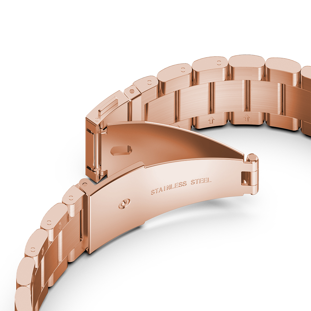 Ein roségoldenes Edelstahl-Uhrenarmband mit offenem Verschluss.