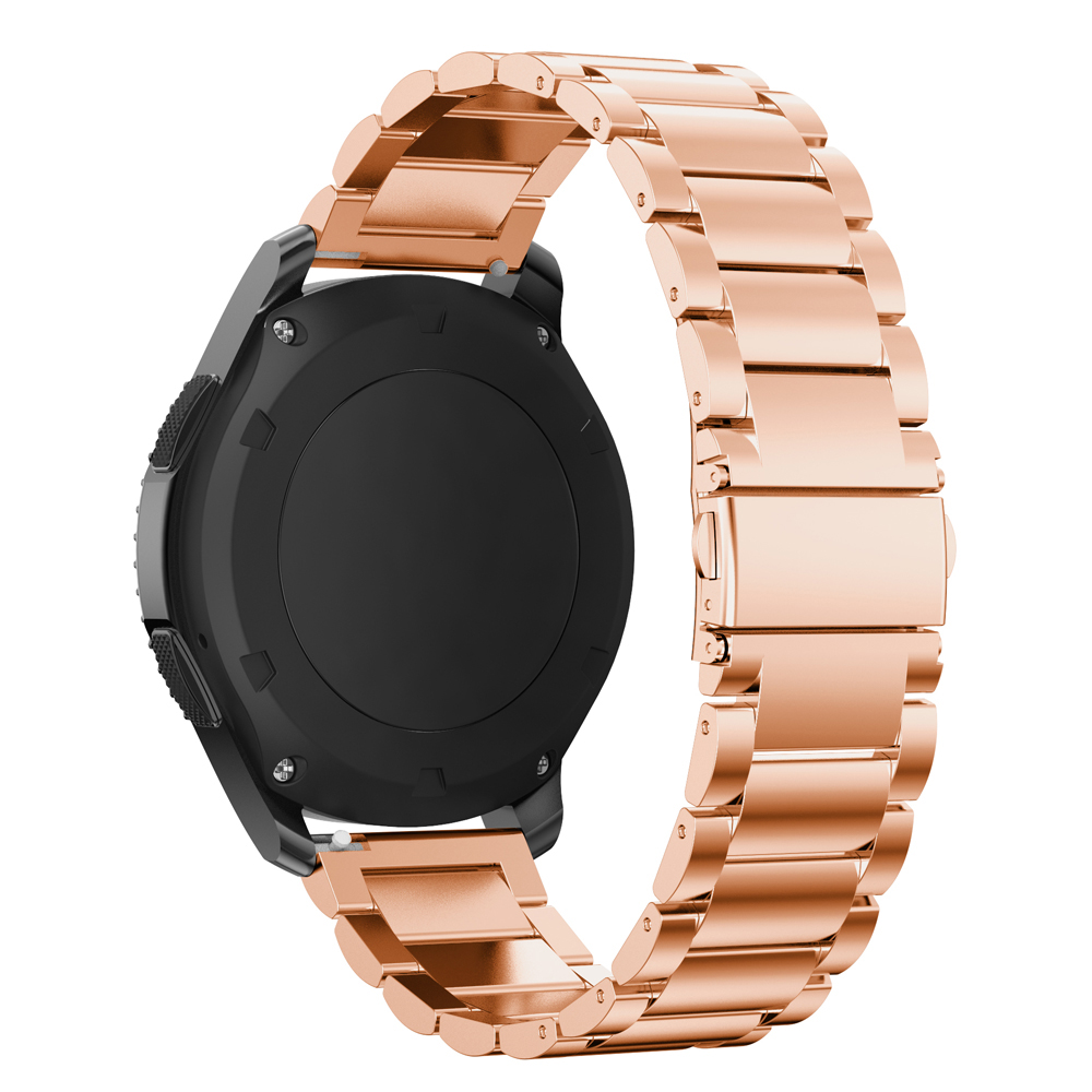Eine Nahaufnahme einer roségoldenen Uhr mit schwarzem Zifferblatt und Armband.