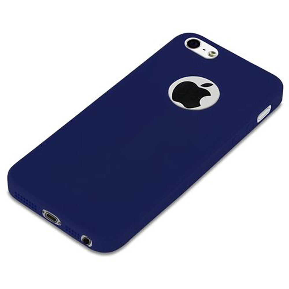Funda de teléfono azul oscuro con logo de Apple sobre fondo blanco.