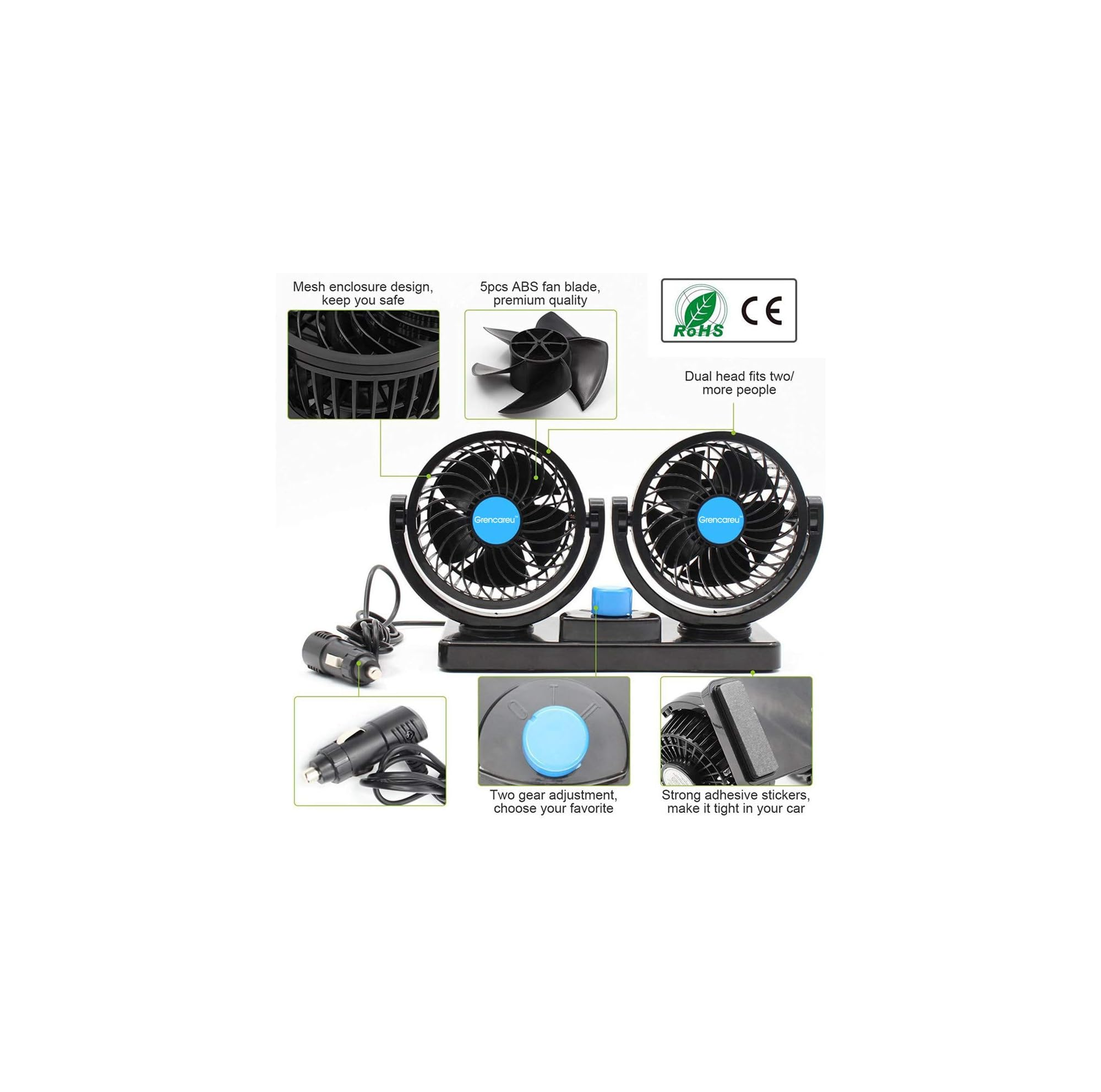 Doppelauto-Ventilator mit Schutzgitter, 5-Blatt-Rotor, USB-Stecker und Knopf.