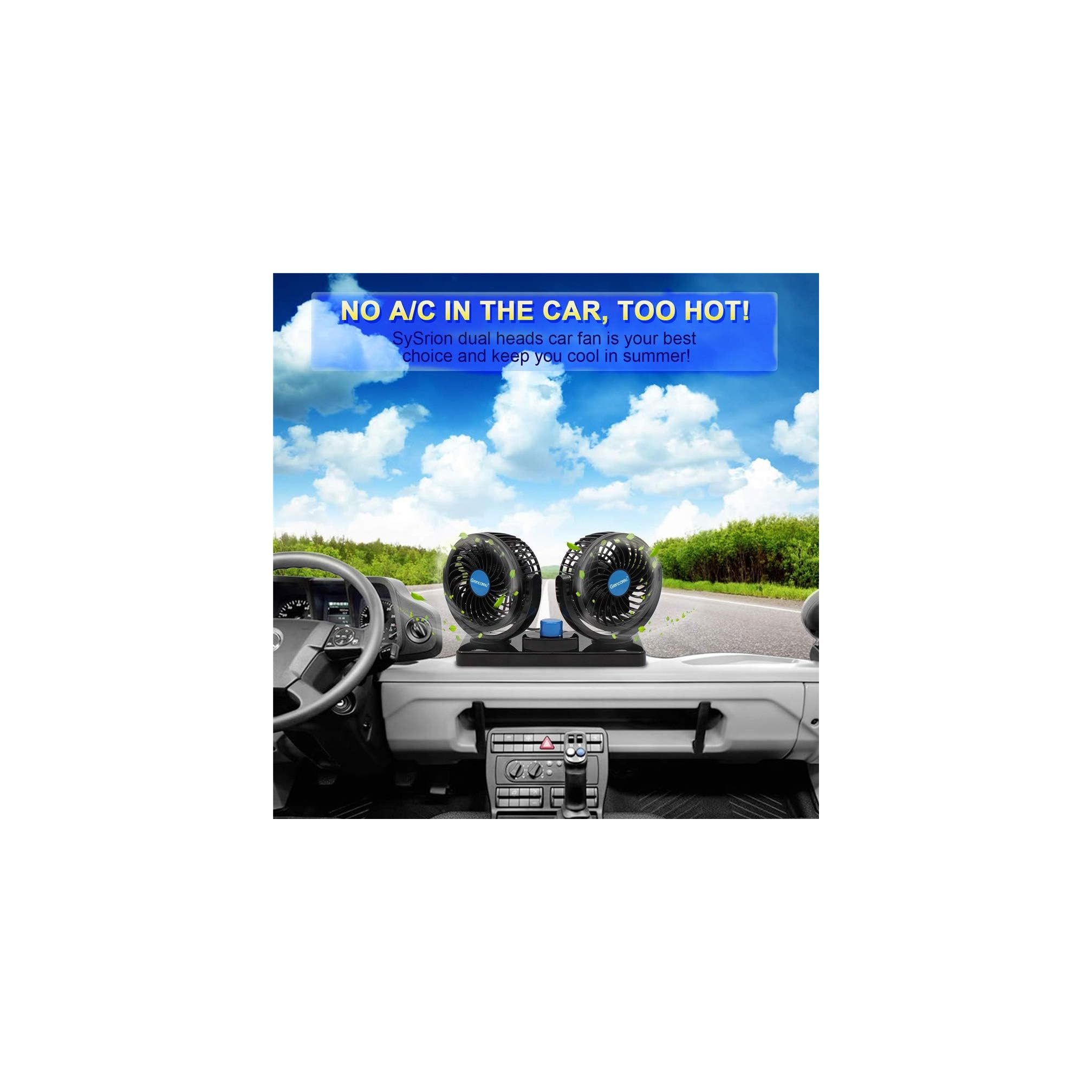 Doppelkopf-Autolüfter auf dem Armaturenbrett eines Autos, mit blauer Himmel-Hintergrund.