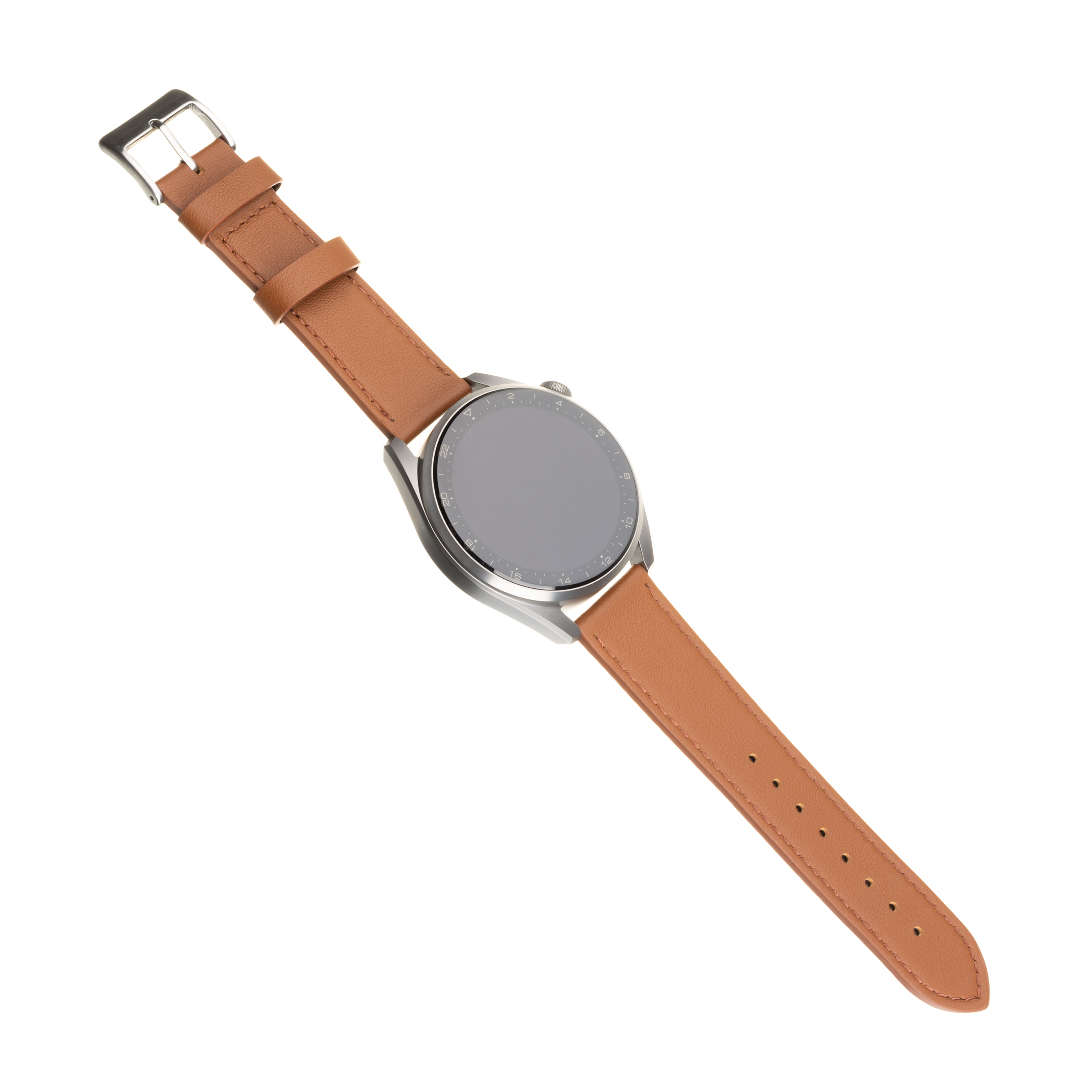 Silberne Smartwatch mit braunem Lederarmband und leerem grauen Bildschirm.