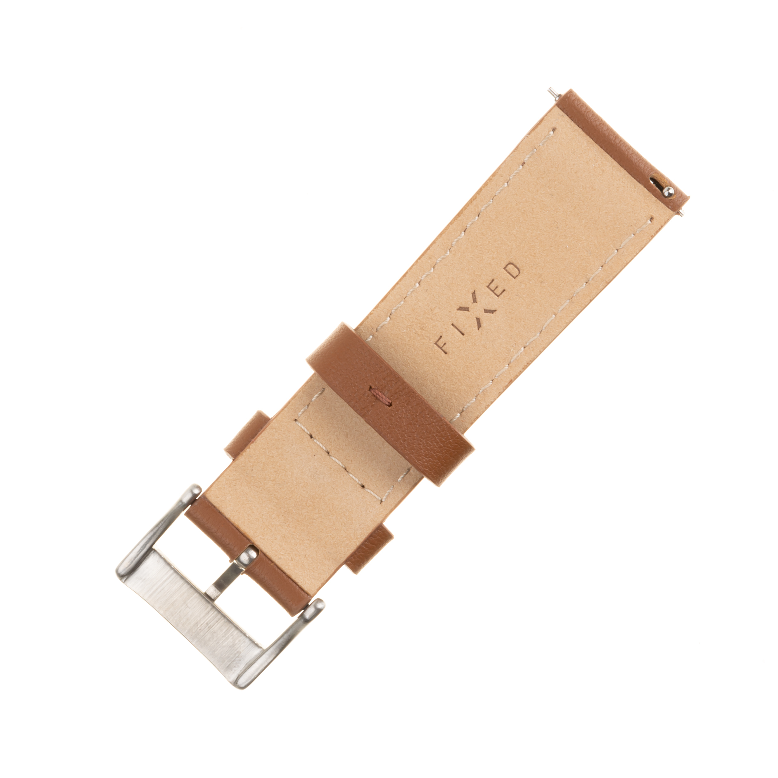 Braunes Lederarmband mit silberner Schnalle und geprägtem Schriftzug 'FIXED'.