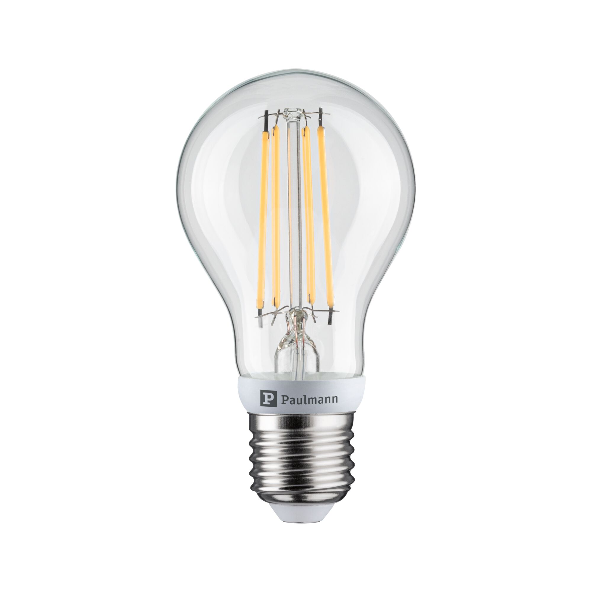 Eine klare LED-Glühbirne mit sichtbaren Filamenten und silbernem Sockel.
