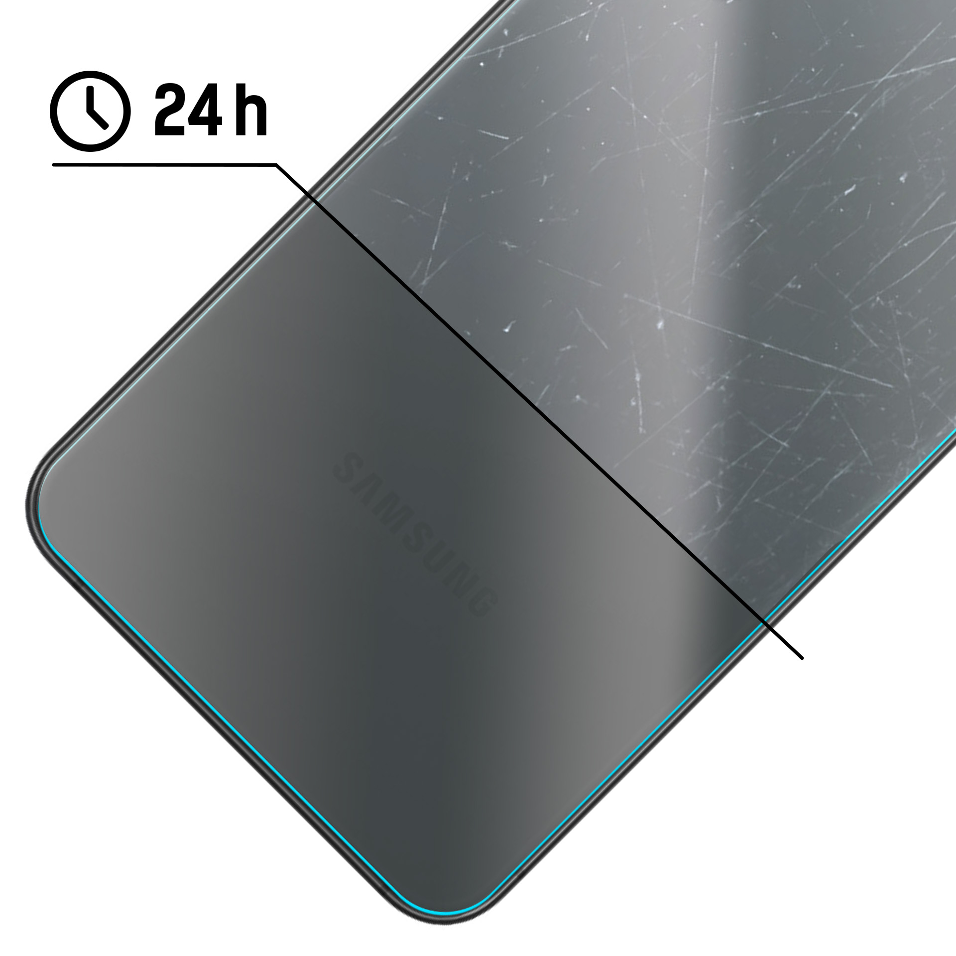 Szary ekran telefonu Samsung z zadrapaniami i niebieską ramką.