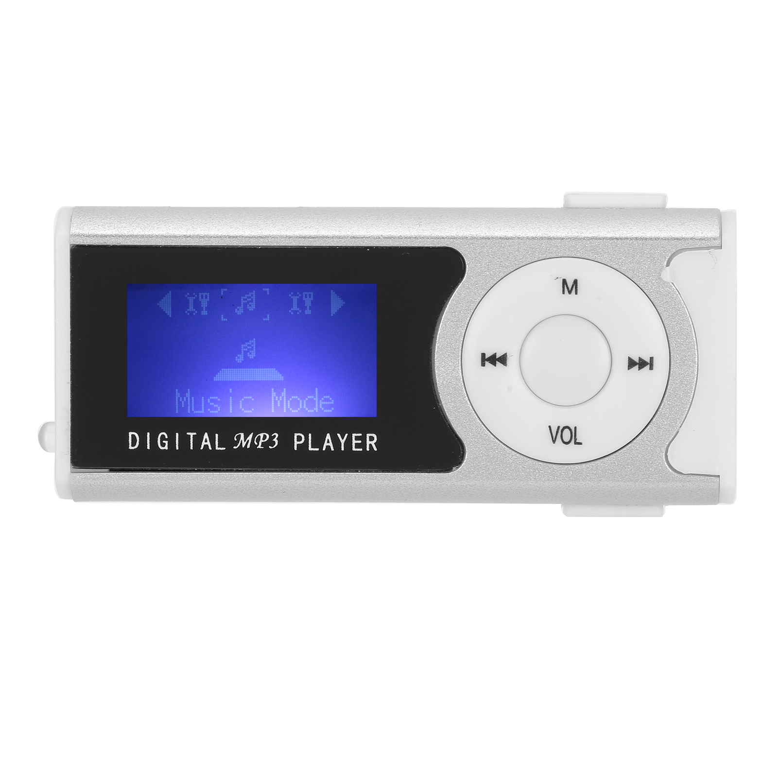 Ein silberner digitaler MP3-Player mit blauem Bildschirm und Bedienelementen.