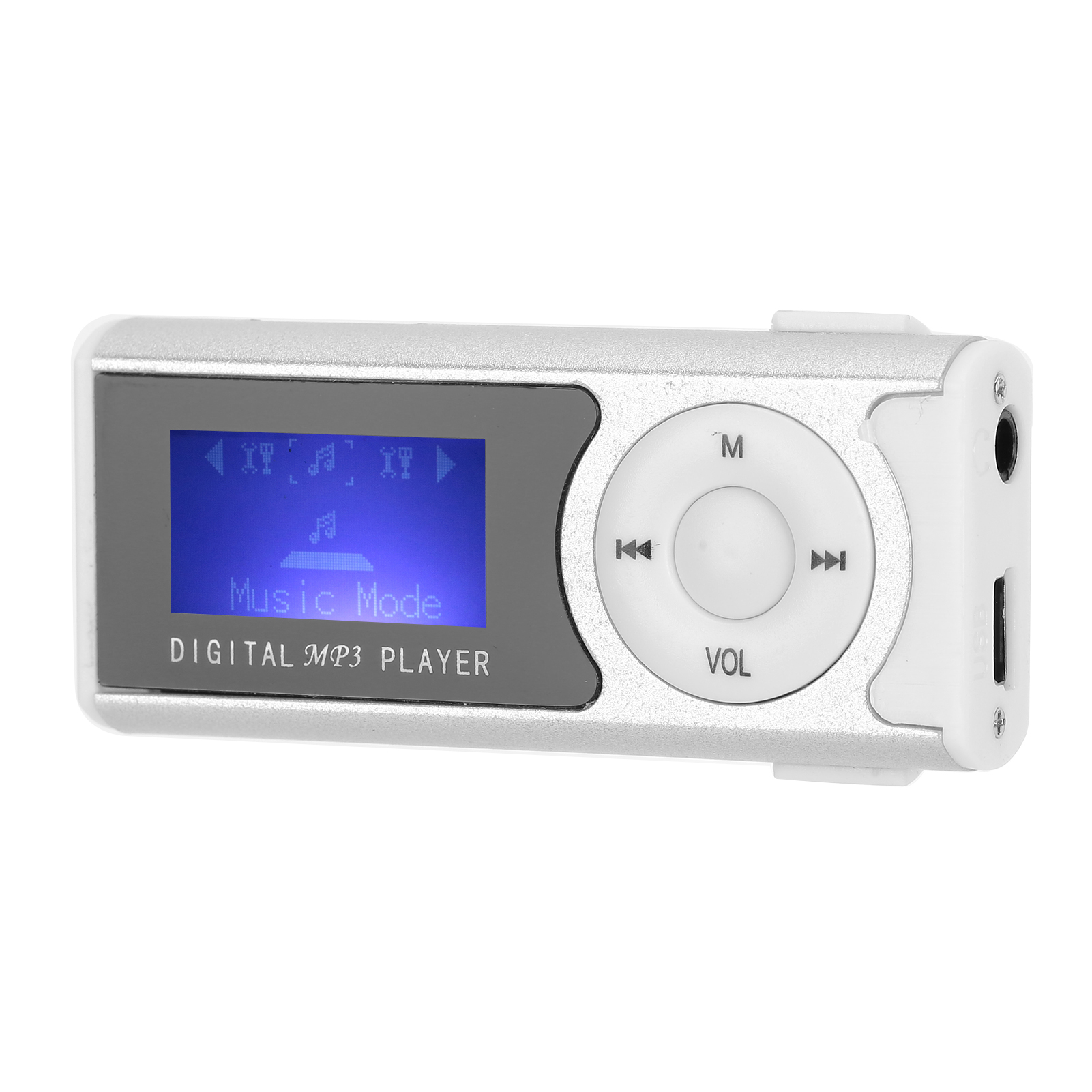 Silberner MP3-Player mit blauem Bildschirm, der Musikmodus anzeigt.