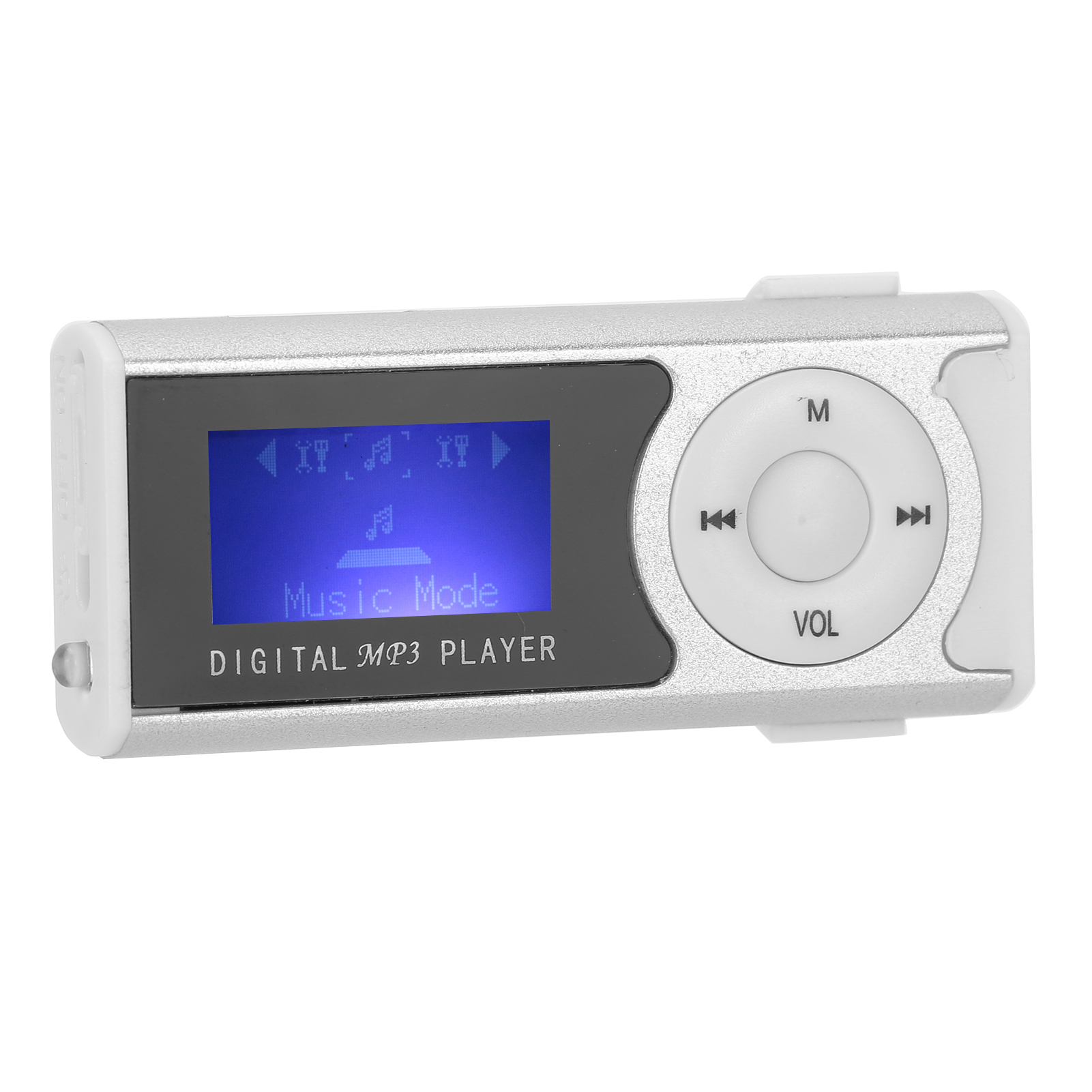 Ein silberner MP3-Player mit blauem Bildschirm und Navigationsknöpfen.