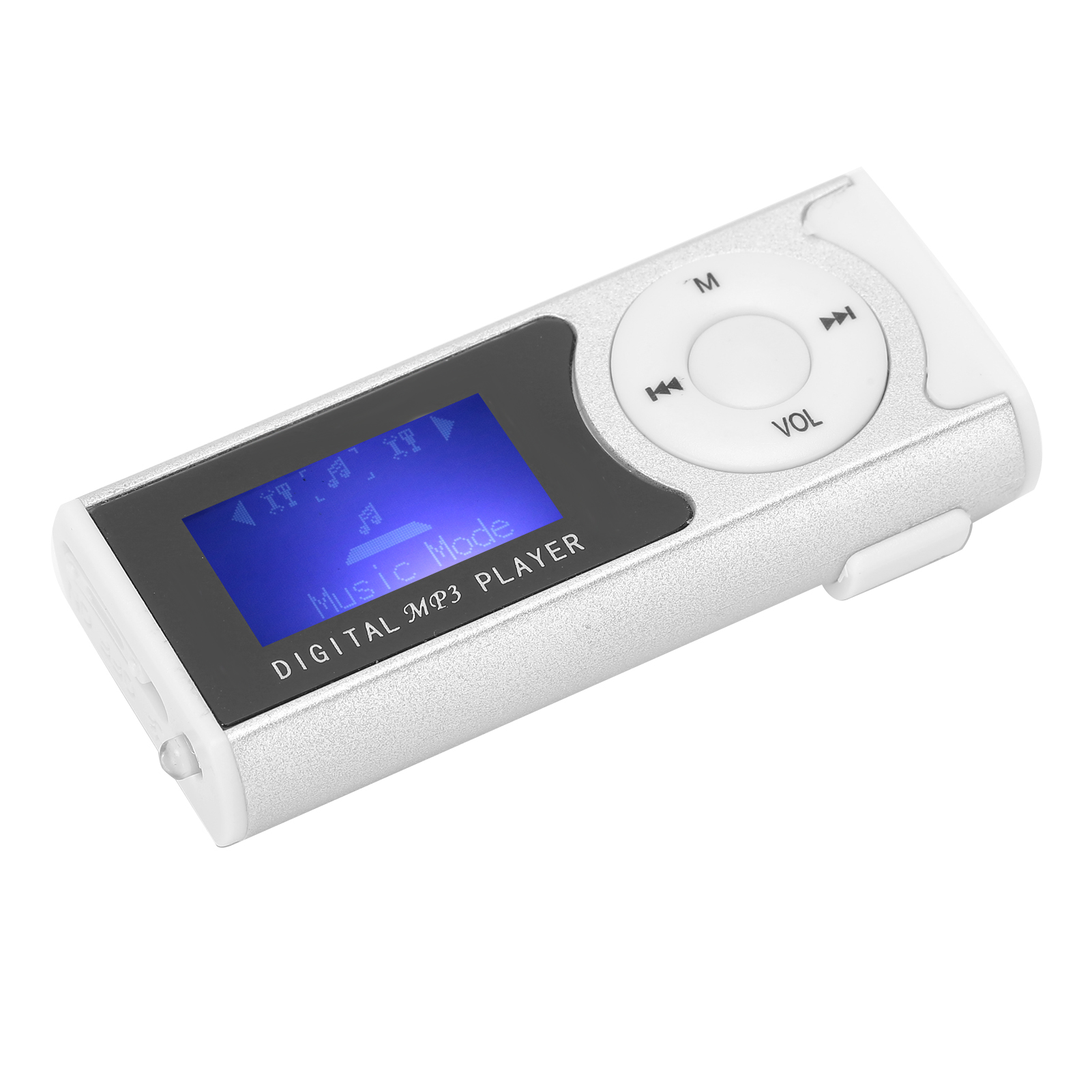 Ein silberner MP3-Player mit blauem Bildschirm und Bedienelementen.
