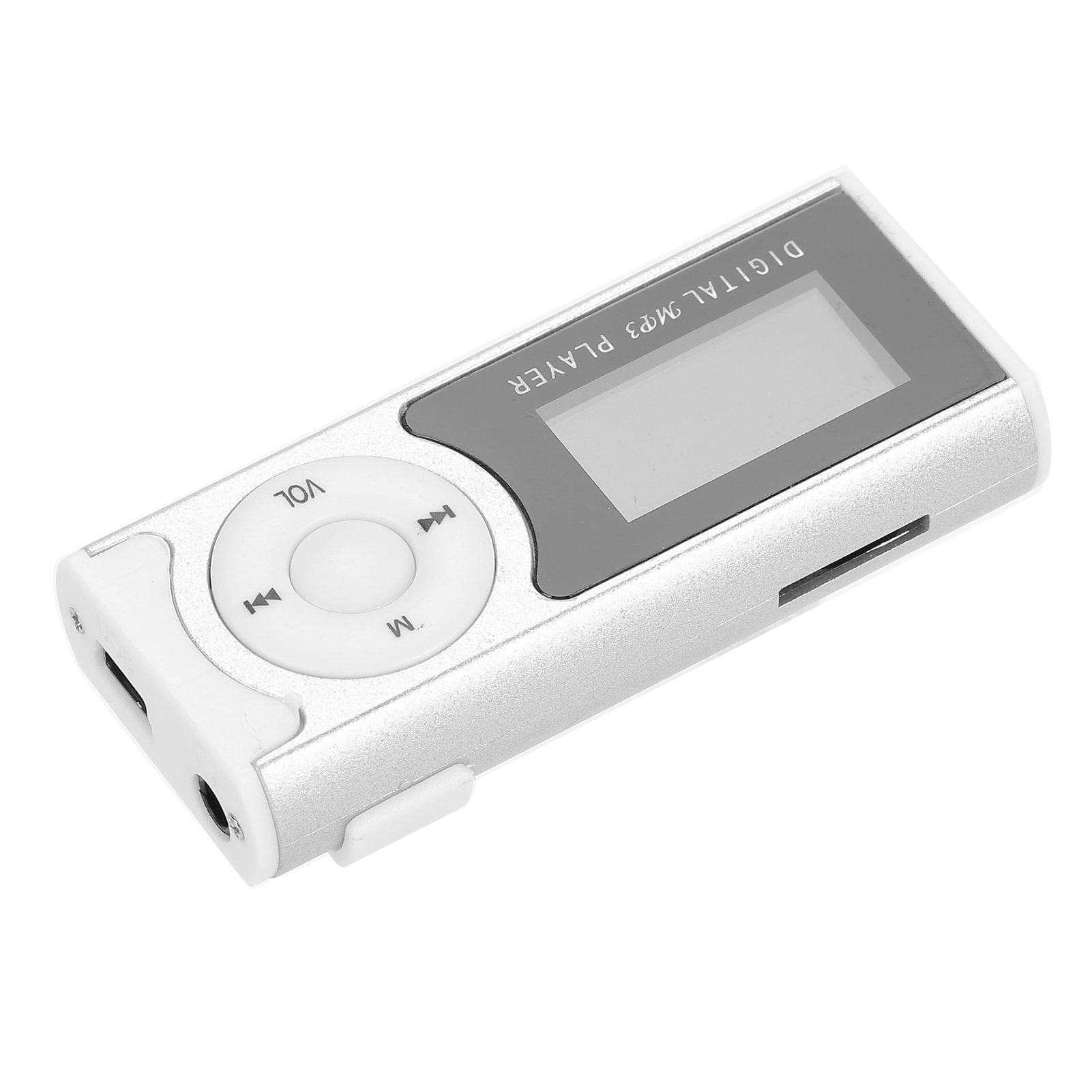 Ein silberner Digital MP3 Player mit einem grauen Bildschirm und Bedienelementen.