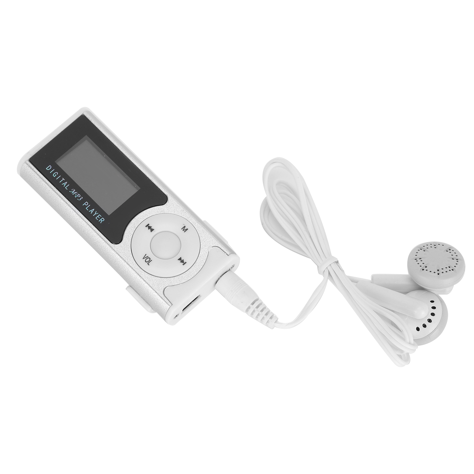 Silberner MP3-Player mit Kopfhörern auf weißem Hintergrund.