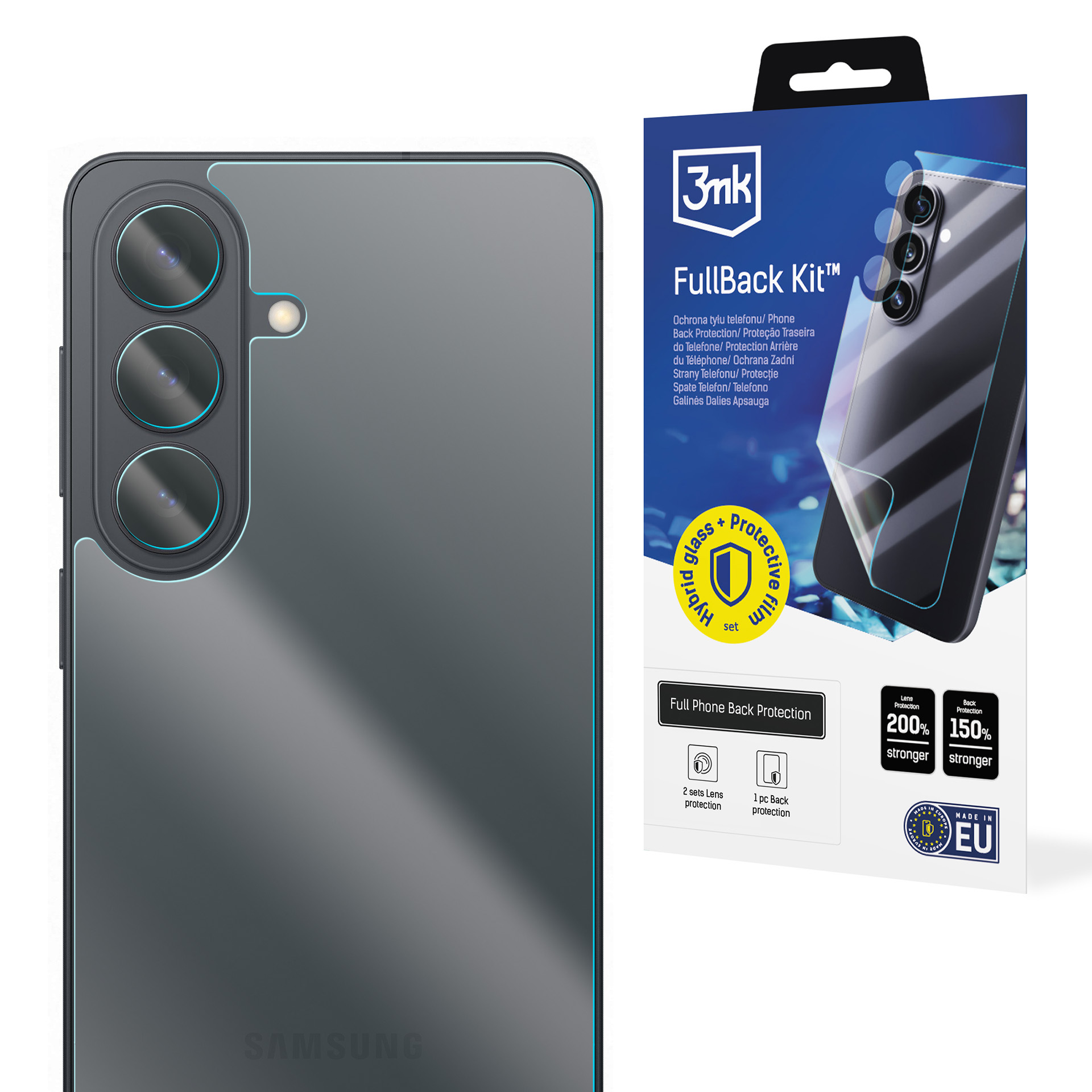 Smartfon z zestawem ochrony aparatu. Opakowanie pokazuje telefon i zestaw.