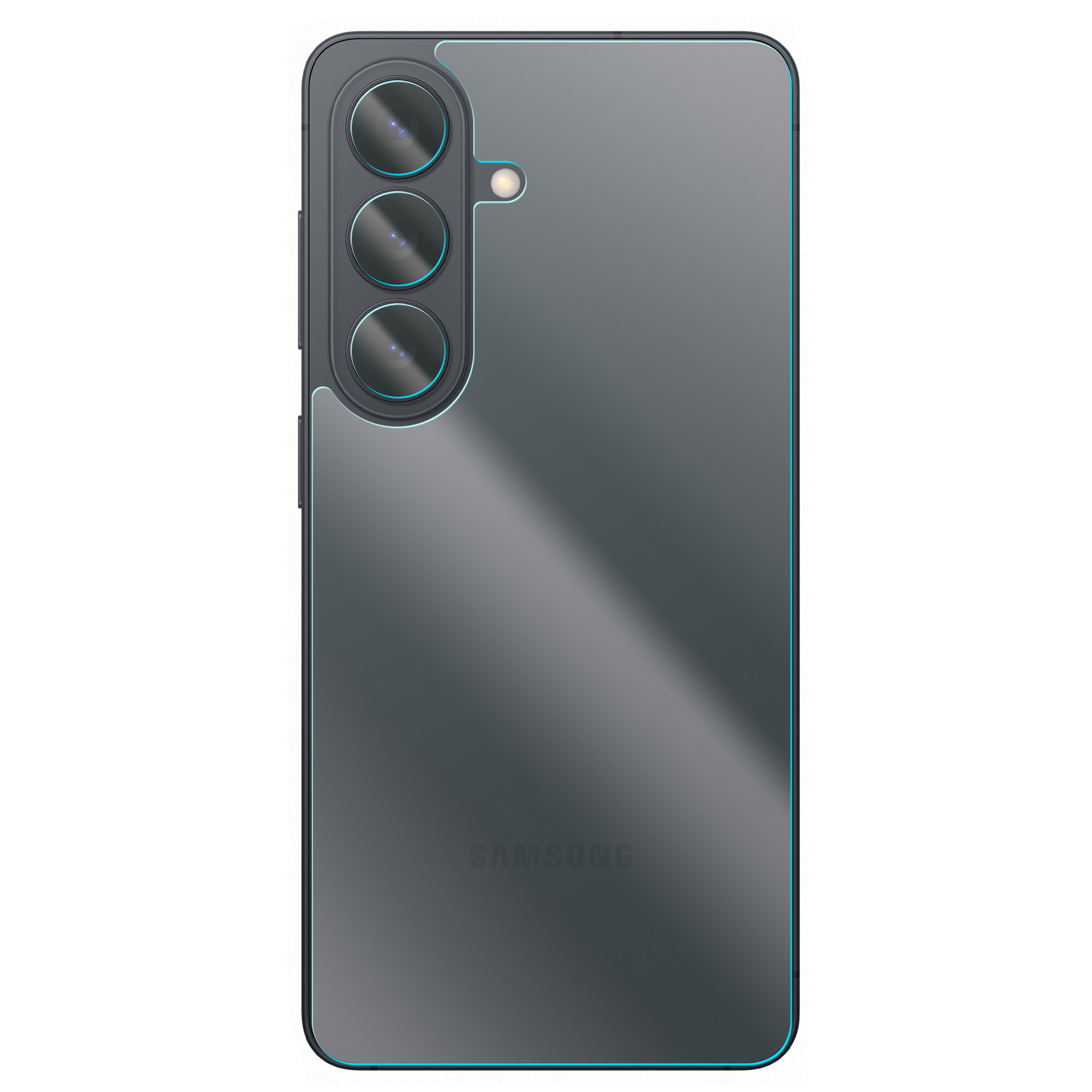 Tył szarego smartfona z trzema aparatami i logo Samsung.