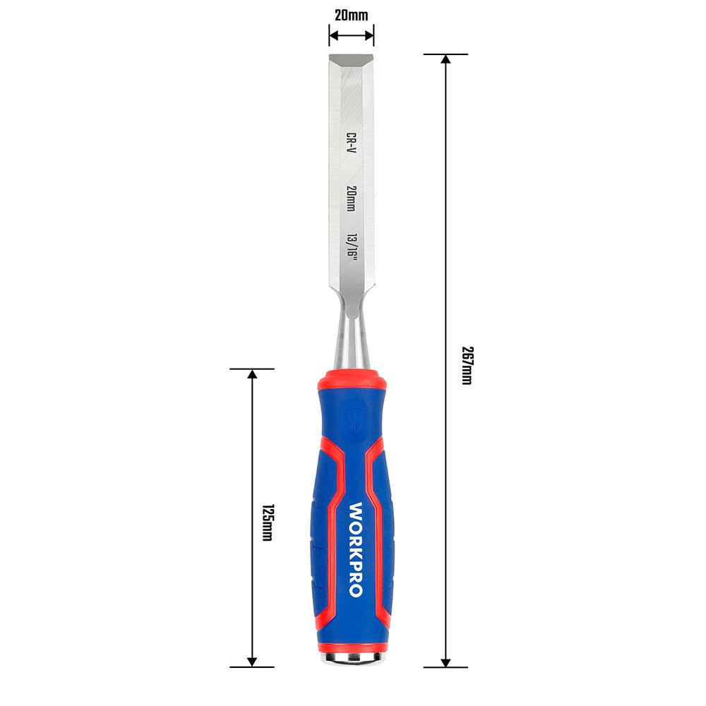 Mavi saplı, 20 mm genişliğinde, 267 mm uzunluğunda bir keski.
