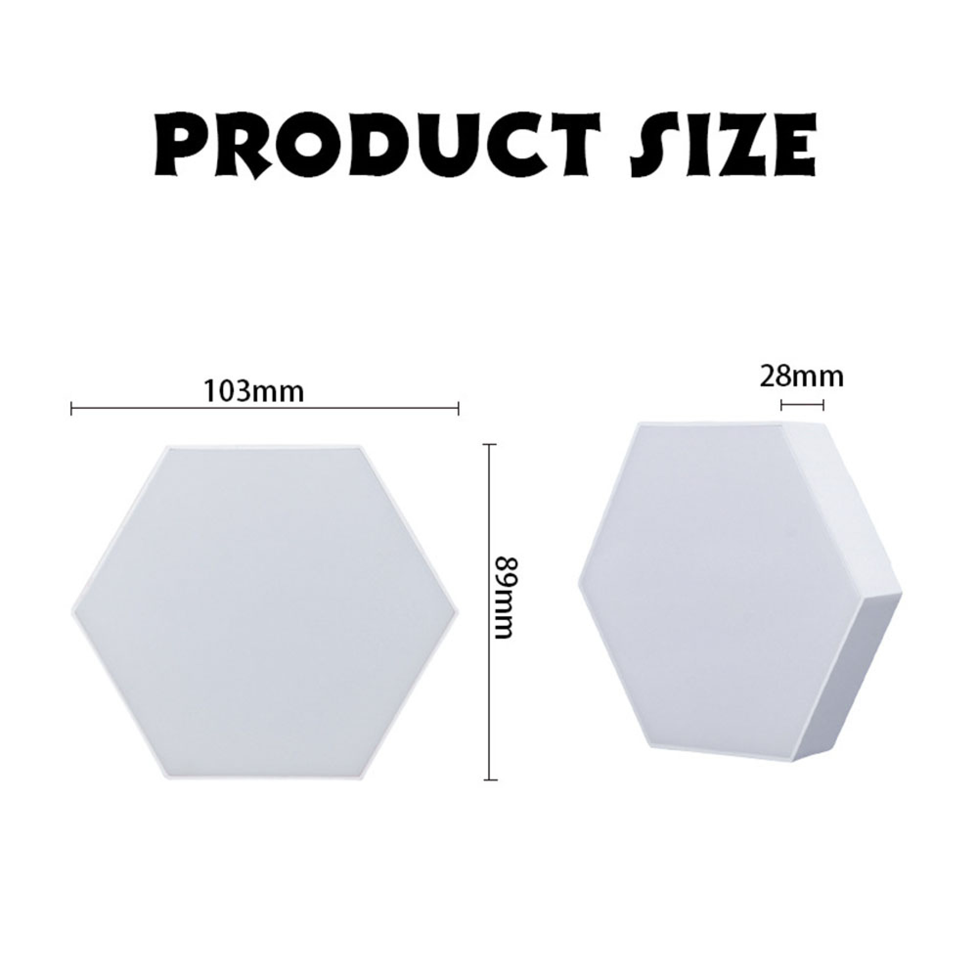 Produktgröße: Sechseckige Paneele mit Maßen 103mm x 89mm und 28mm Dicke.