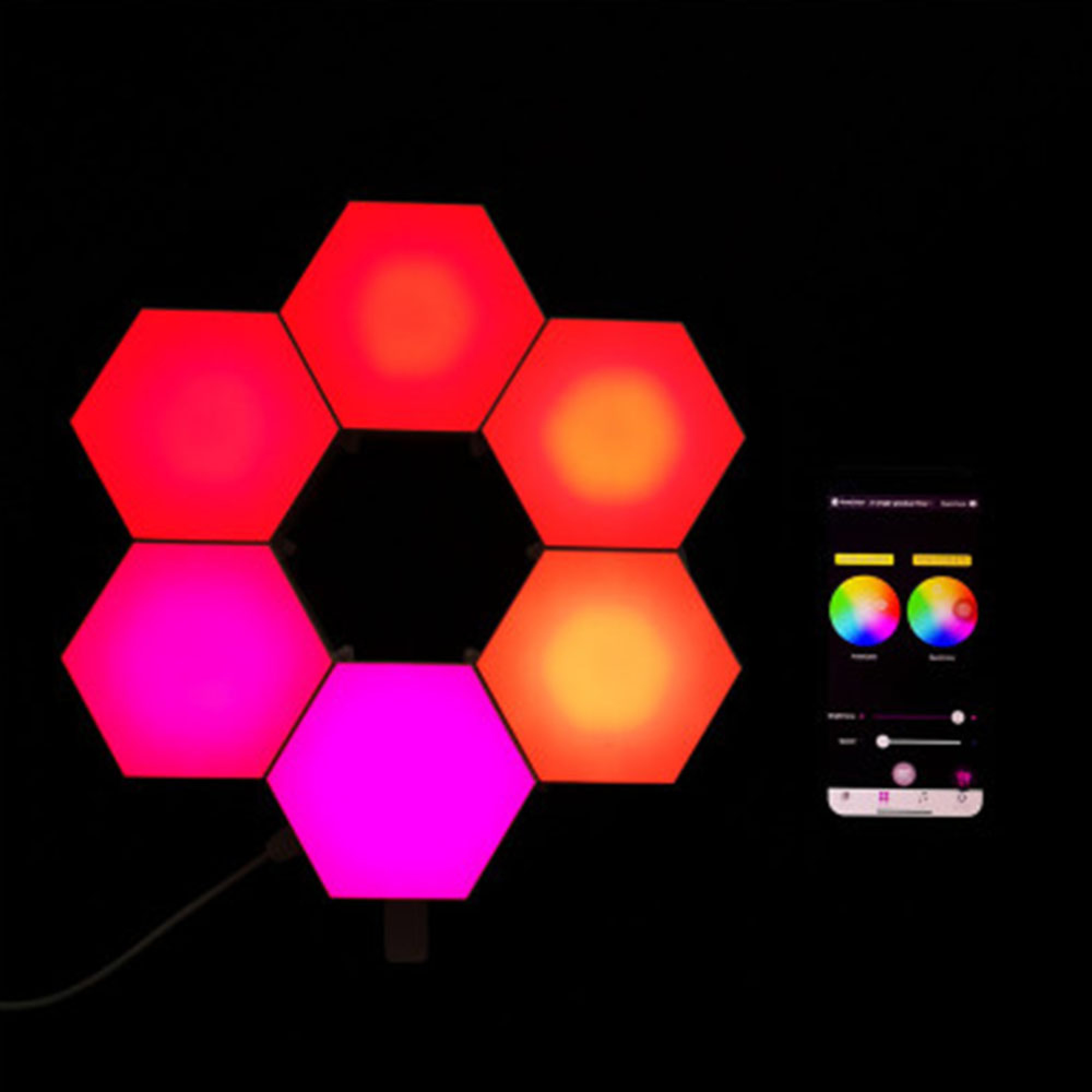 Sechs sechseckige Lichter in Rot und Pink leuchten neben einem Smartphone.