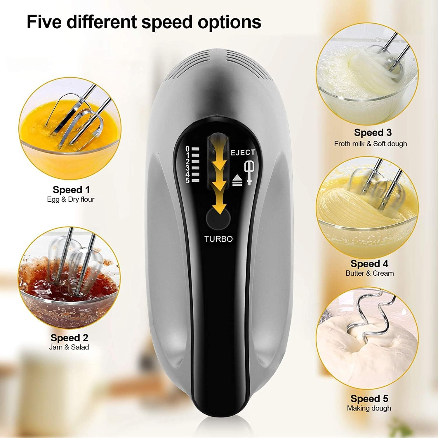 Ein Handmixer mit fünf Geschwindigkeitsstufen, der Eier, Marmelade, Milch, Butter und Teig verarbeitet.
