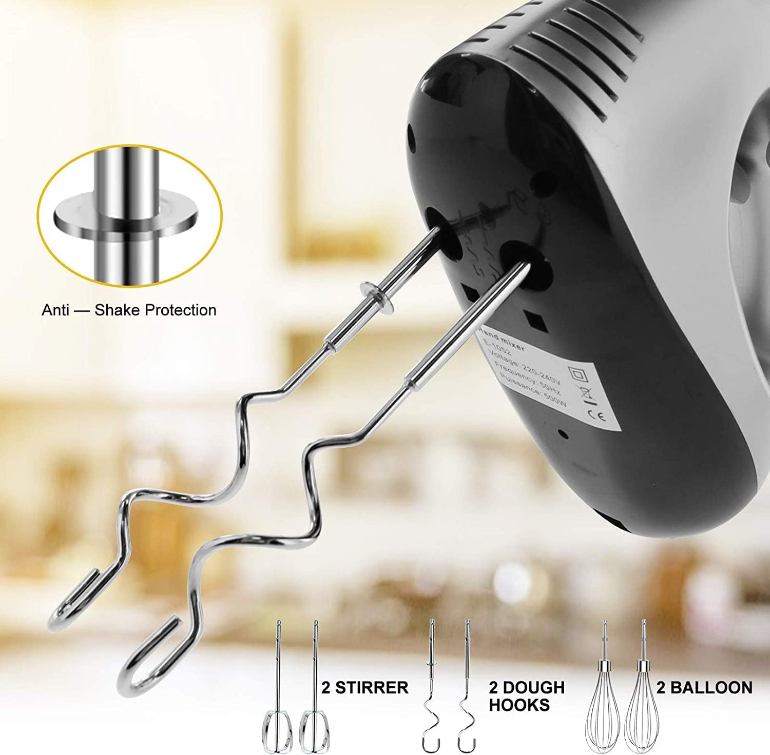 Handmixer mit Rührstäben, Knethaken und Ballonschneebesen. Anti-Schüttel-Schutz.
