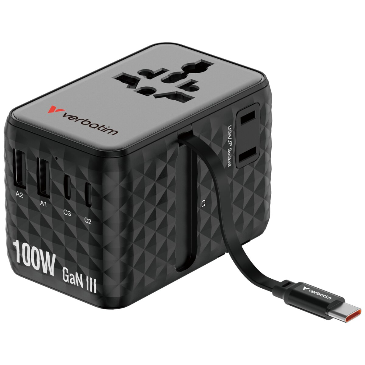 Adattatore da viaggio universale Verbatim 100W GaN III nero con porte USB-A e USB-C.